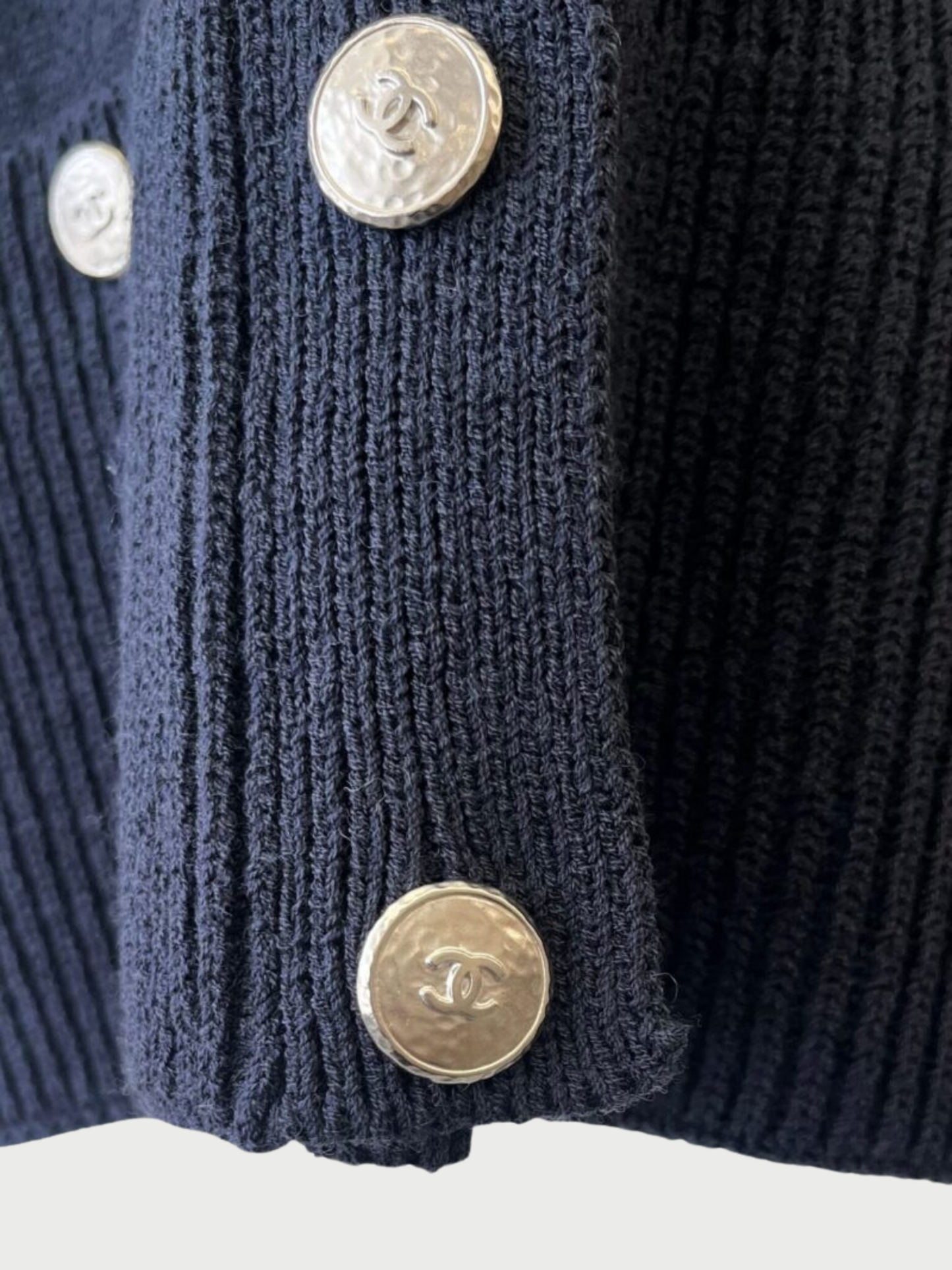 Chanel 2025 Navy Wool Knit 4 Pocket Cardigan