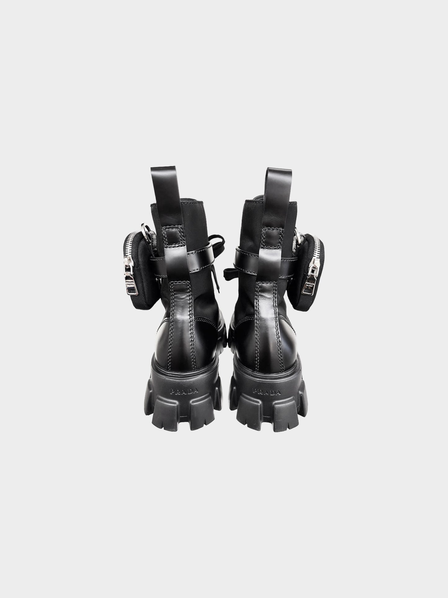 Prada 2022 Black Brushed Leather and Re-nylon Trim Monolith Boots with Pouches