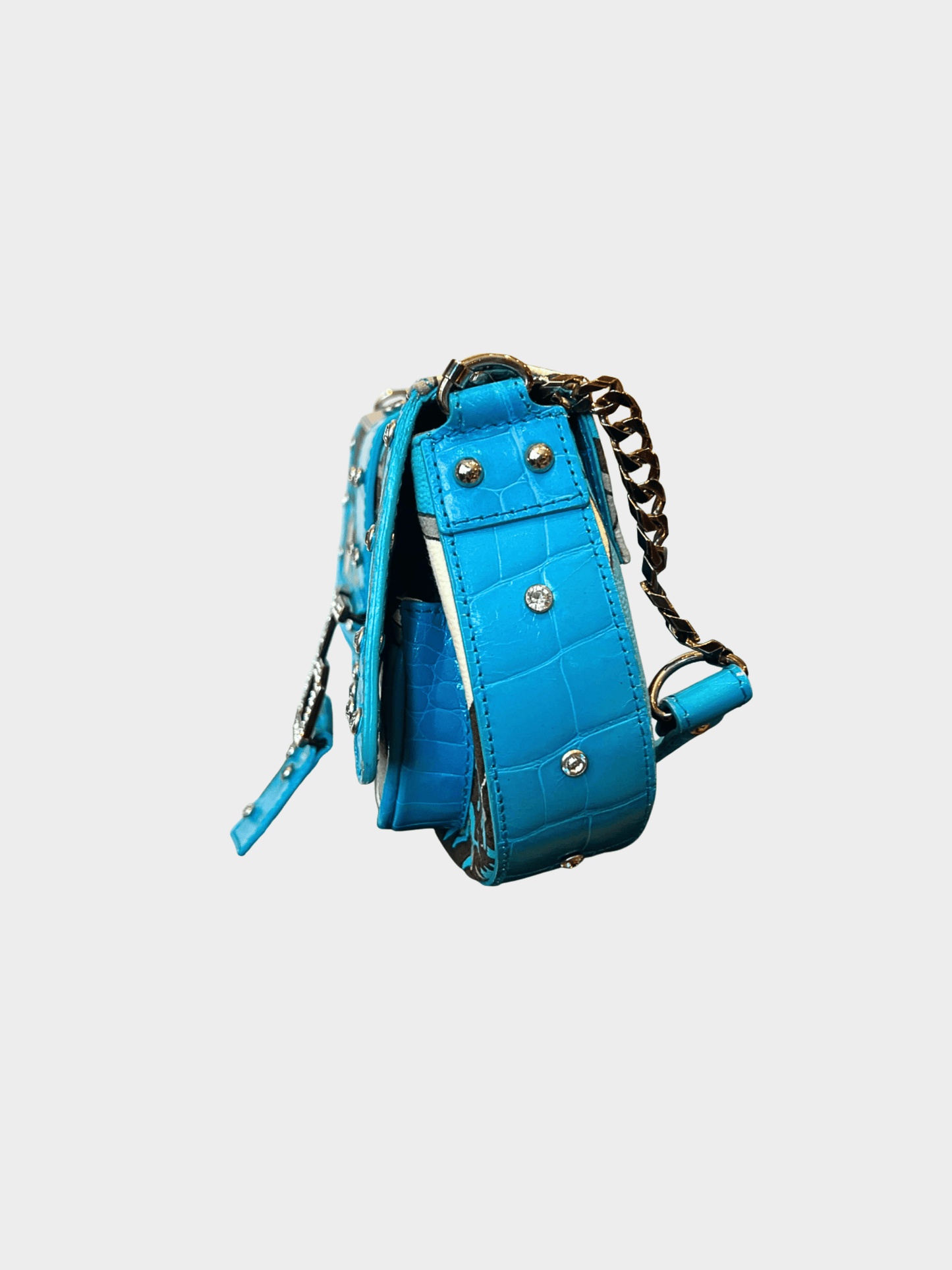 Dolce and Gabbana 2000s Blue Printed Fabric And Croc Embossed Leather DG Flap Baguette