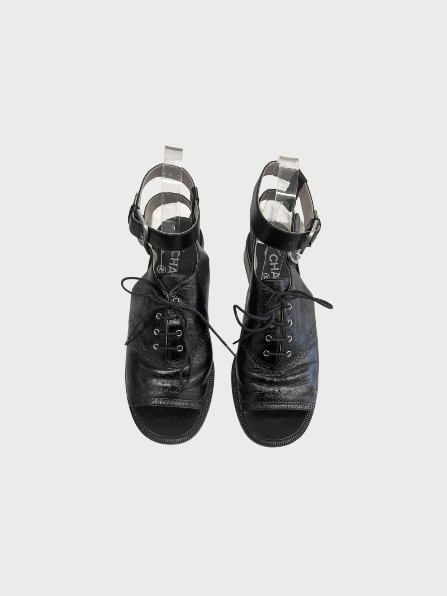 Chanel 2010s Black Crinkle Leather Brogue Lace-Up Sandals