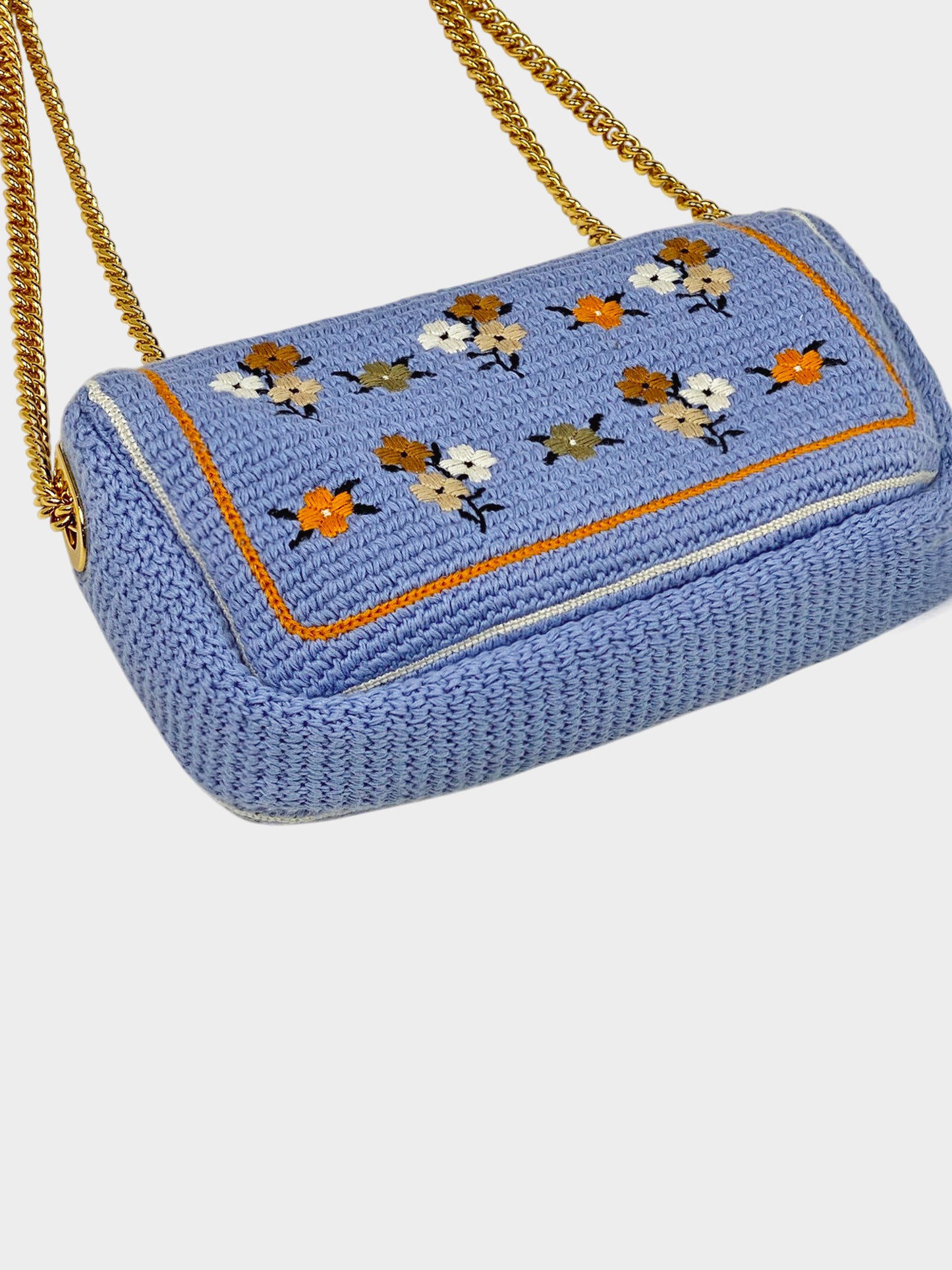 Fendi 2021 Light Blue Wool Knit Floral Embroidered Baguette Bag
