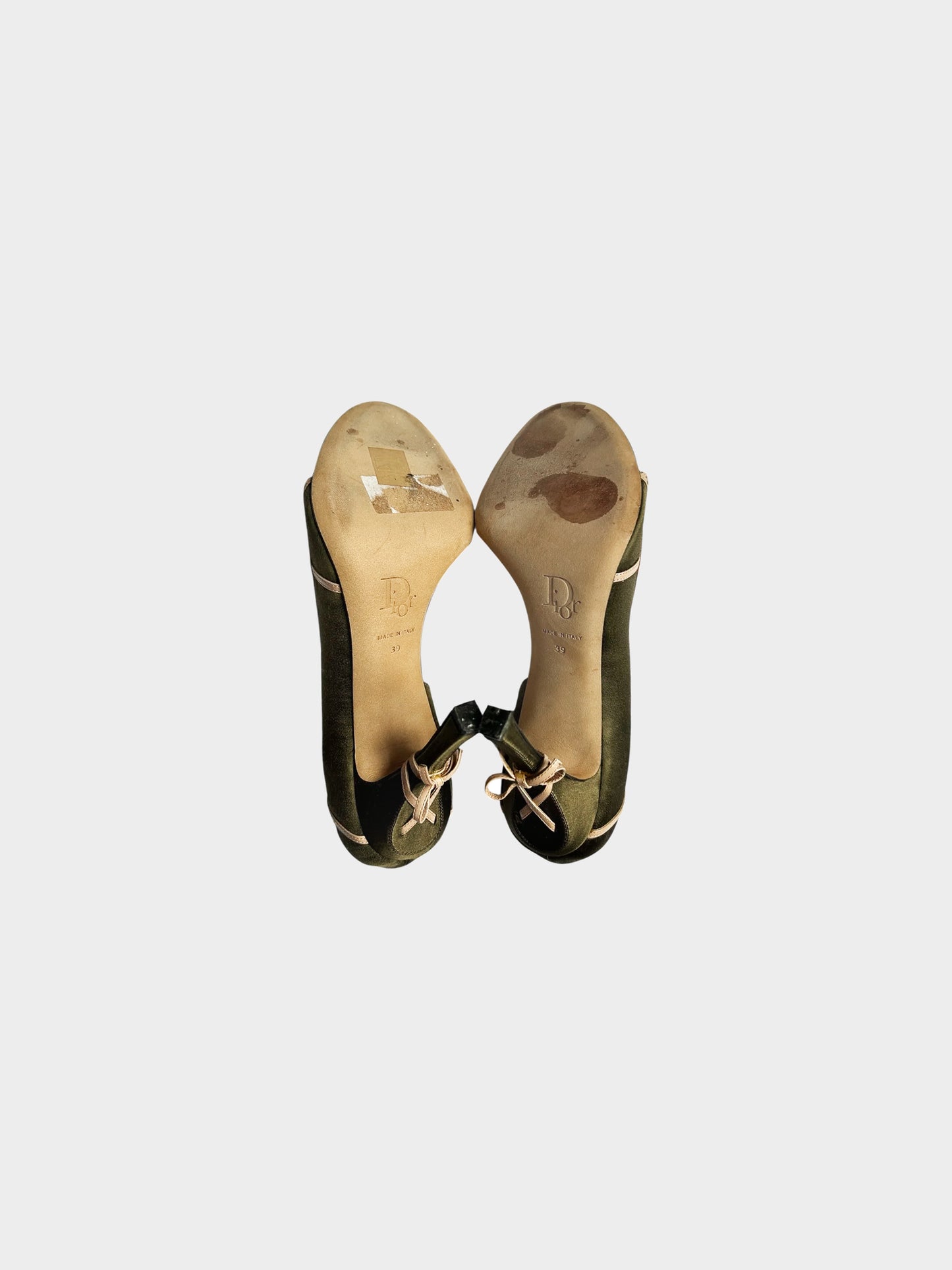 Christian Dior 2000s Khaki Satin and Leather Bow Tie Detail Heels