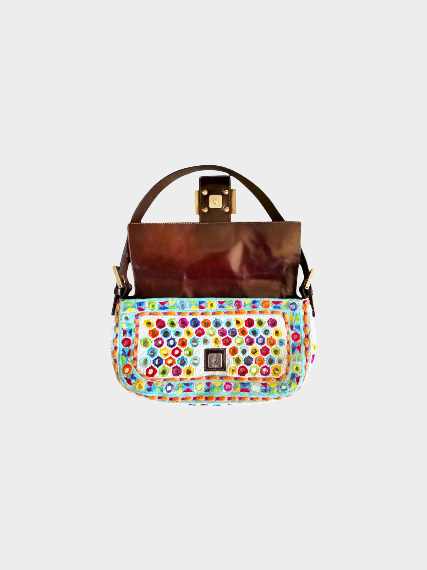 Fendi 1997 Rare Multicolor Specchietti Mirror and Pearl Embroidery Baguette Bag