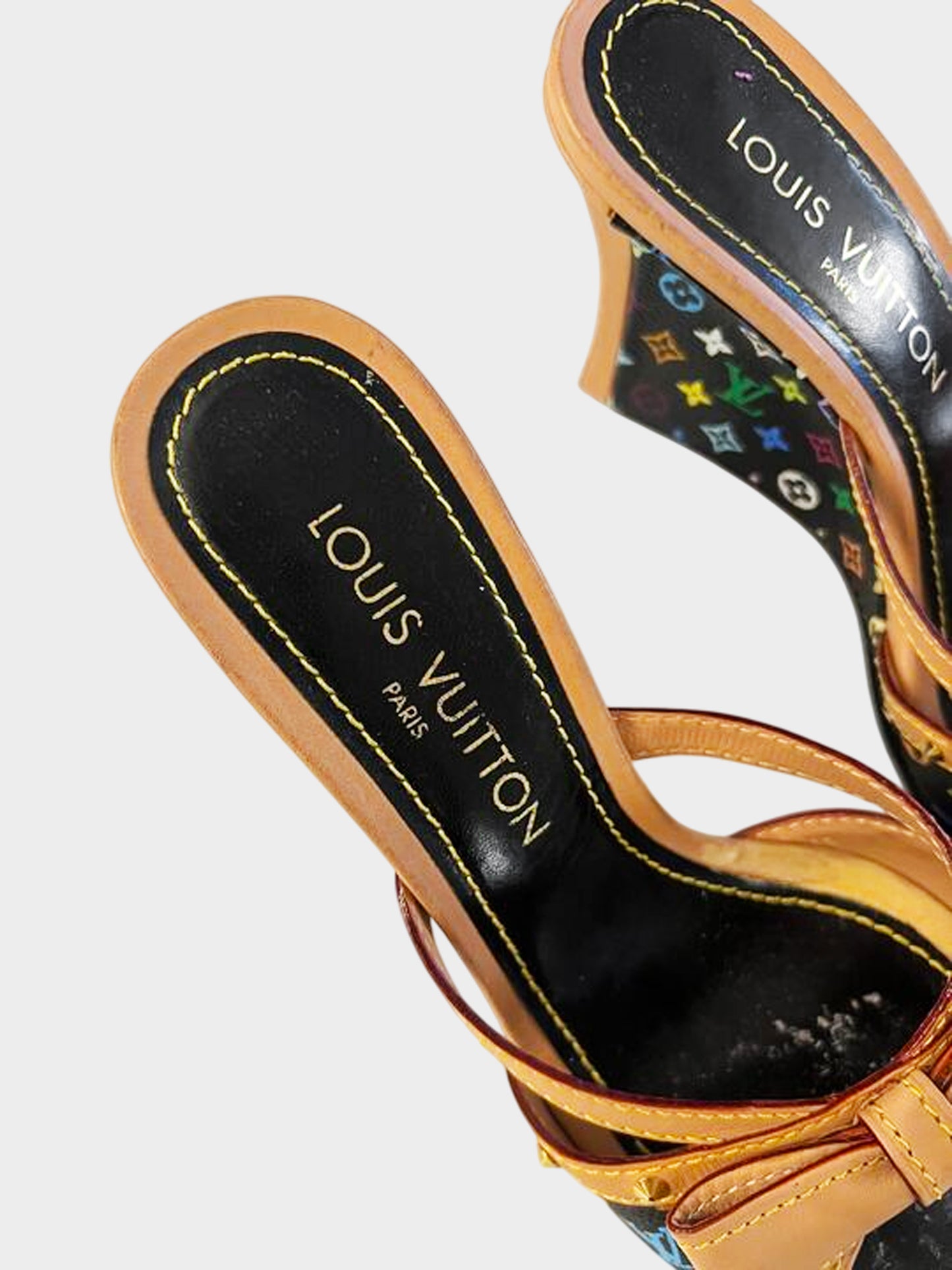 Louis Vuitton Early 2000s Takashi Murakami Black Multicolor Wedge Sandals with Bow