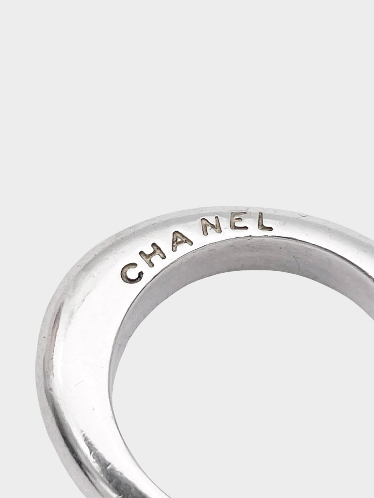 Chanel 1980s Logo Engraved Sterling Silver Hoop Earring