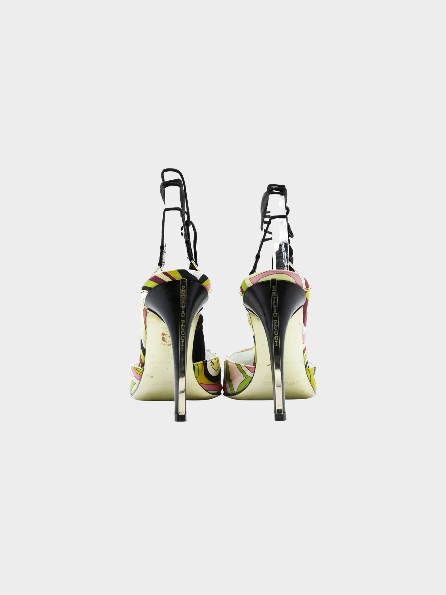 Emilio Pucci 2000s Silk Geometric Pattern Print Heels with Black Tassels