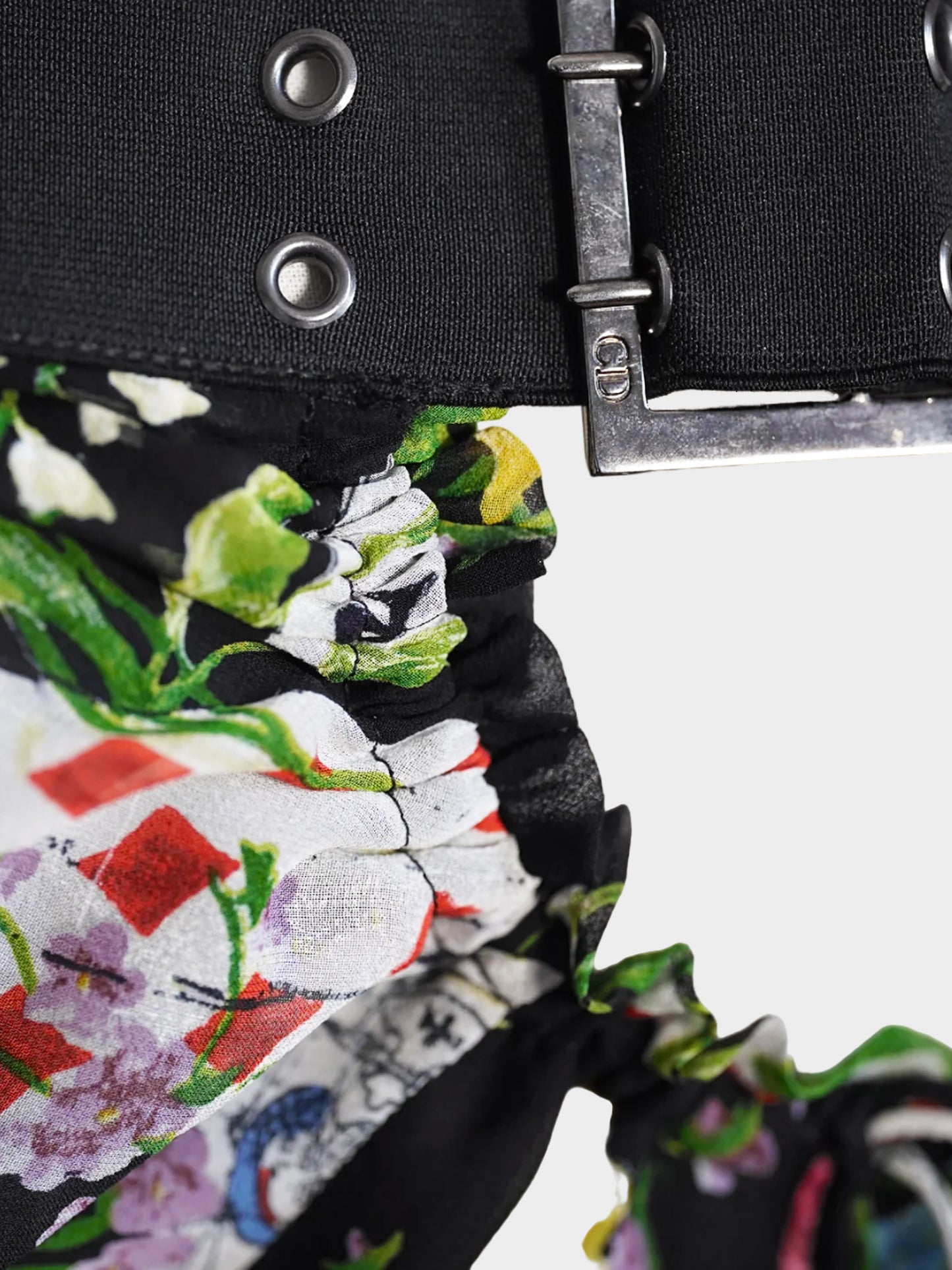 Christian Dior FW 2002 Black Cards and Floral Print Bustier Silk Dress