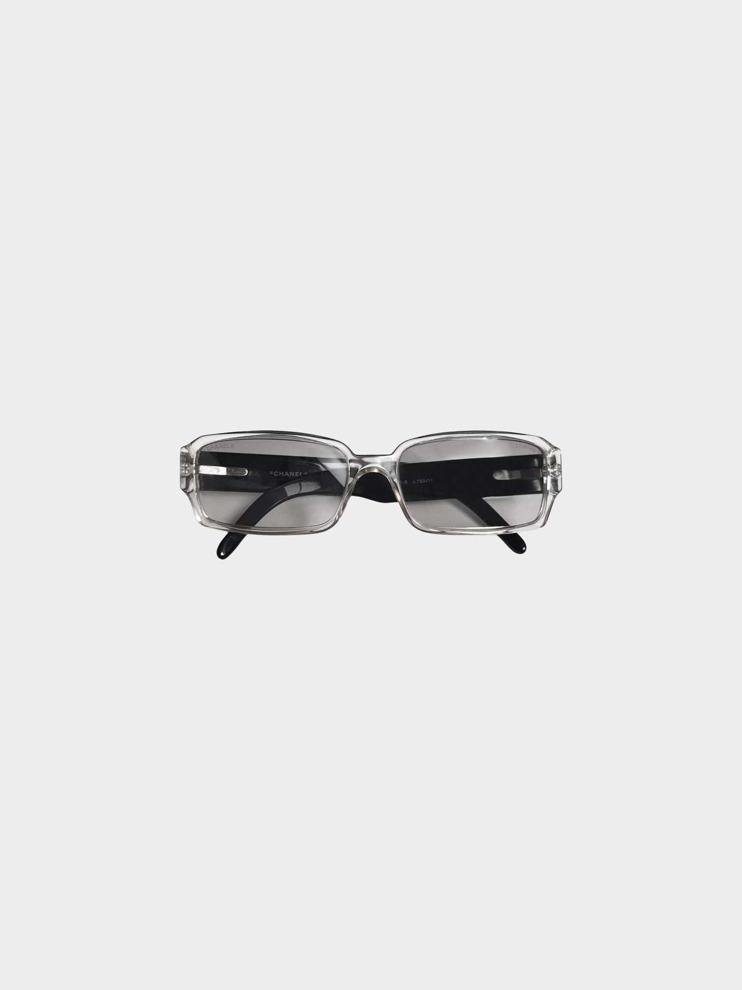 Chanel Early 2000s Black and Clear Translucent Logo Rhinestone Rectangular Sunglasses