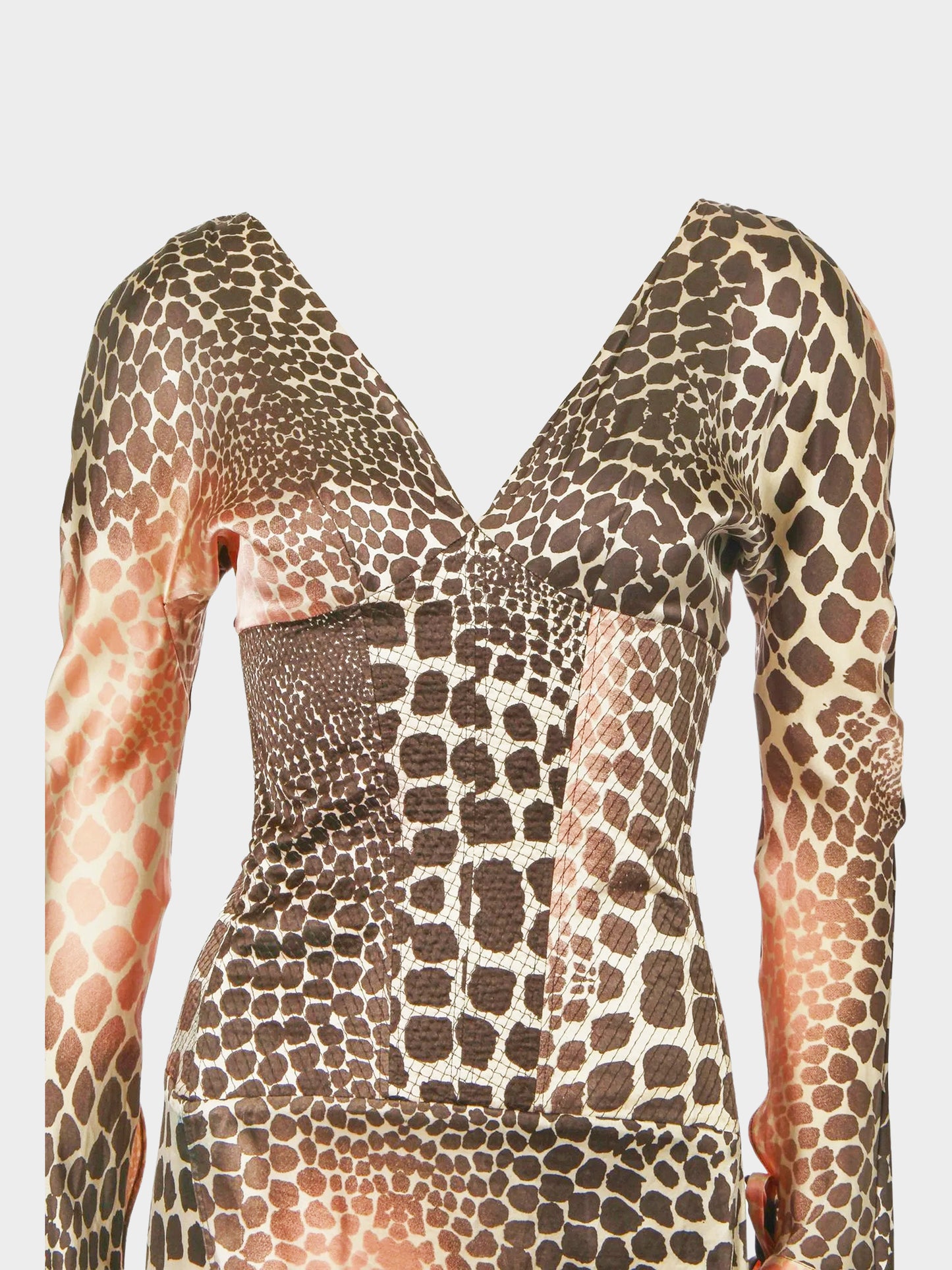 Roberto Cavalli SS 2004 Pink and Brown Silk Giraffe Print Corset Dress