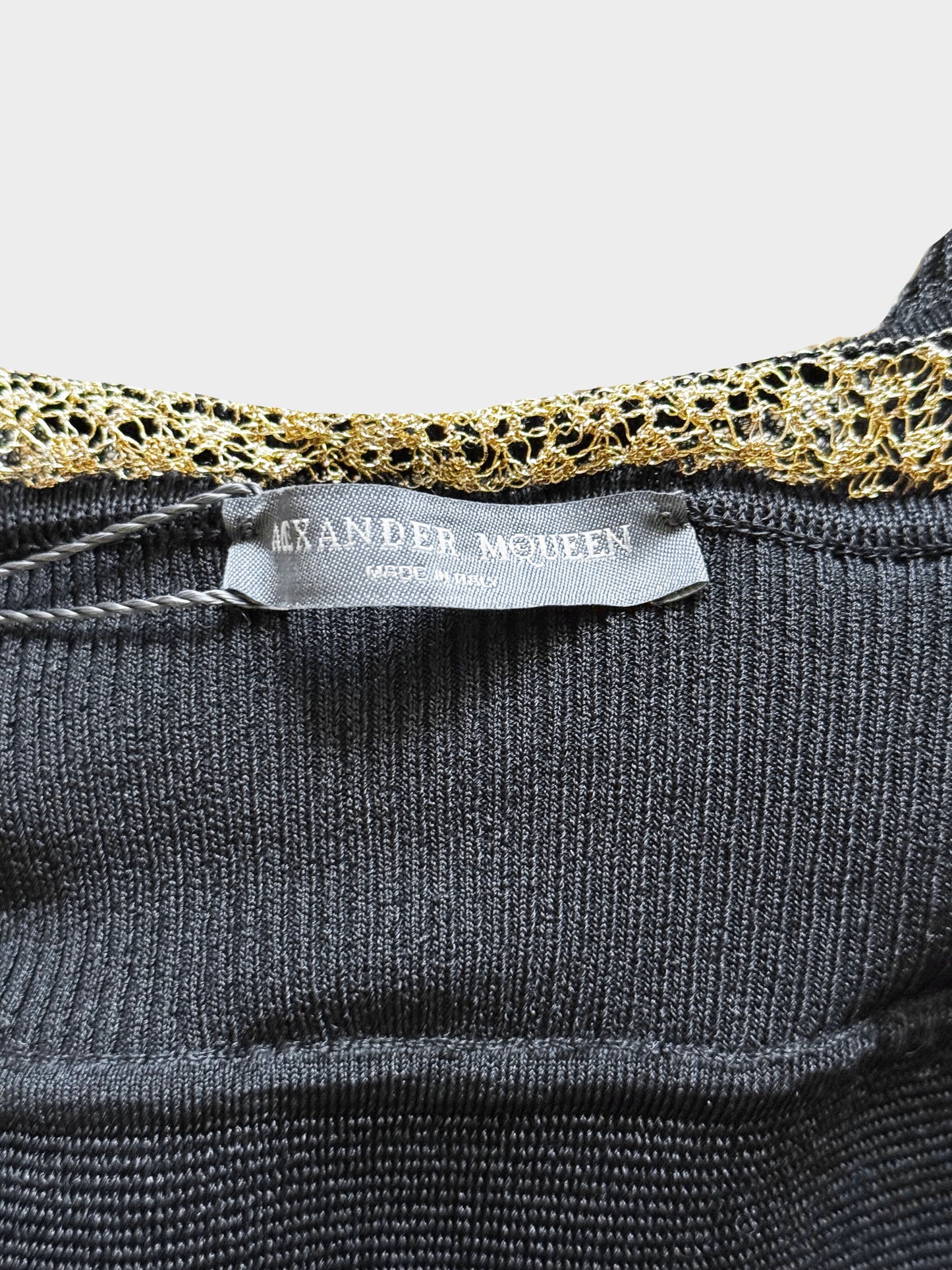 Alexander McQueen 2000s Black and Gold Mesh Knit Ruffled Long Dress