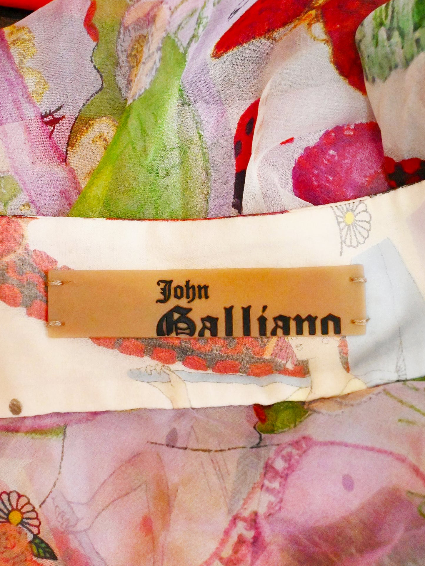 John Galliano SS 2005 Cherries and Butterfly Print Silk Chiffon Dress