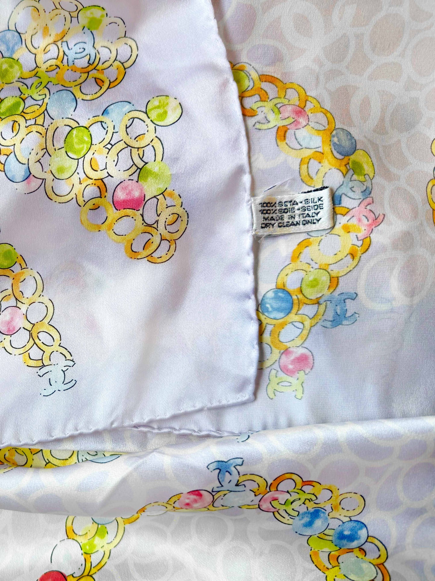 Chanel 1990s Multicolor Coco Printed Silk Scarf