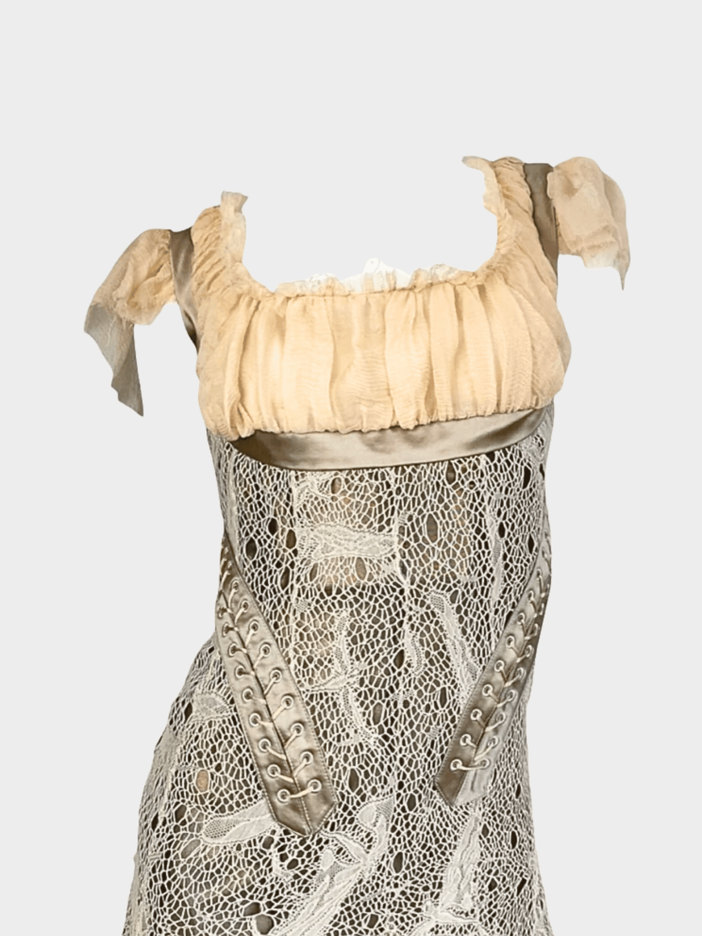Alexander McQueen FW 2002 Runway Beige Lace Bondage Corset Midi Dress
