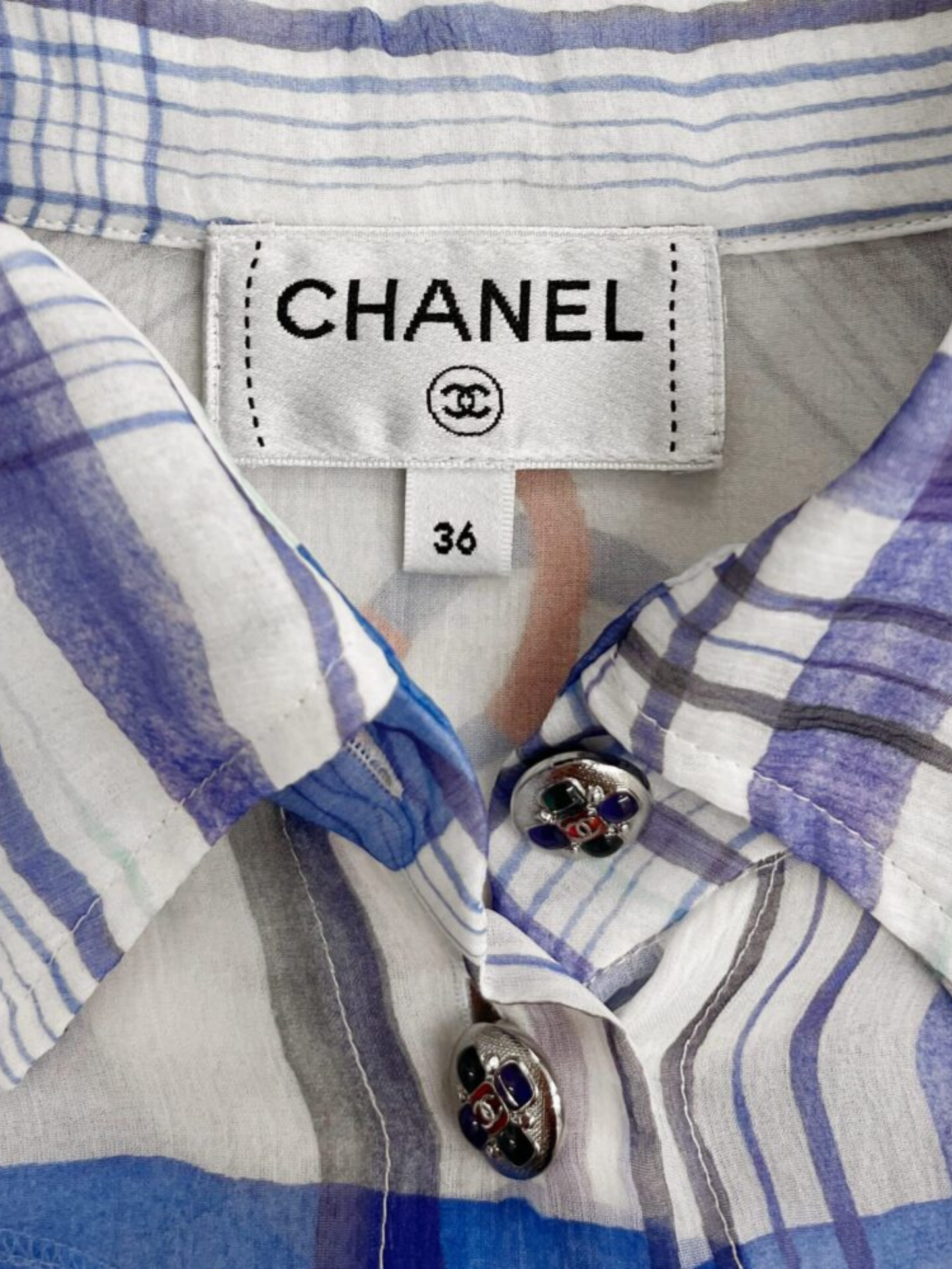 Chanel 2023 Blue White Plaid Silk Chiffon Button Down Shirt