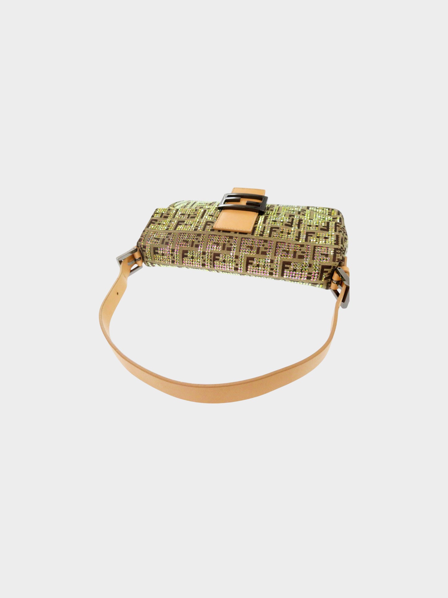 Fendi 2010s Beige and Brown Zucchino Crystal-studded Canvas Baguette