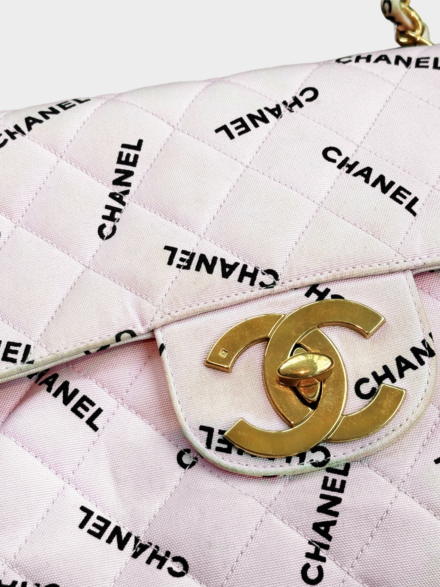 Chanel 1994-1996 Pink Canvas All-over Logo Print Maxi Flap Bag