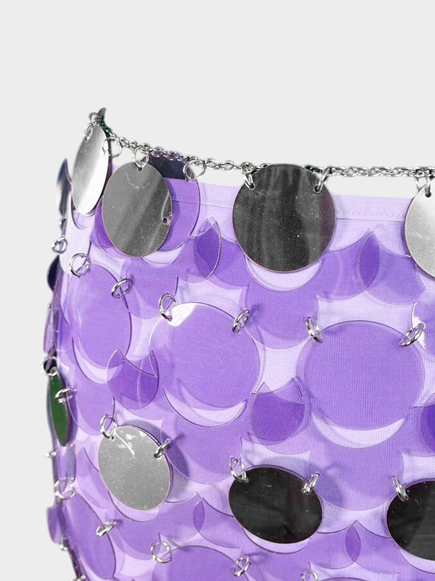 Paco Rabanne SS 2022 Purple PVC and Silver Metal Disc Skirt