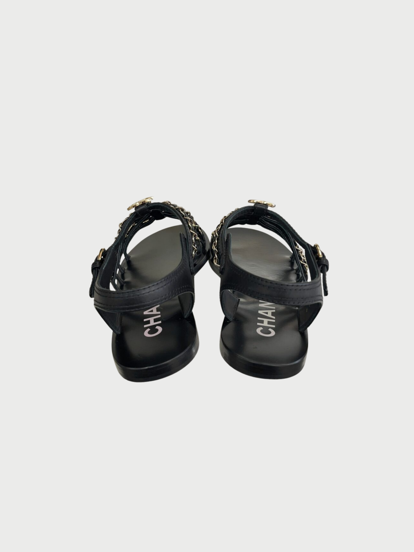 Chanel 2023 Black Leather Chain CC Flat Sandals