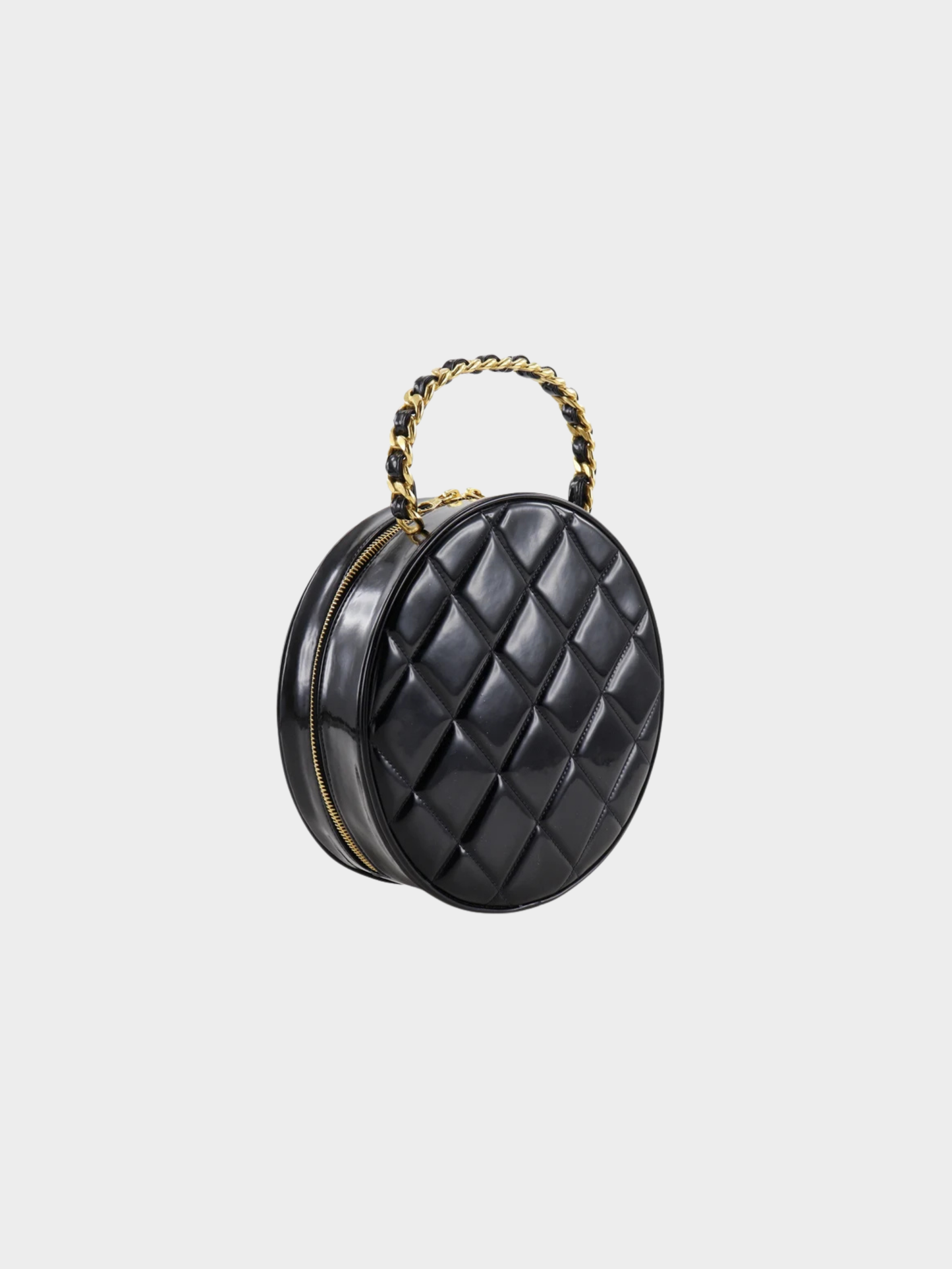 Chanel 1990s Black White Patent Leather Round Vanity Handbag