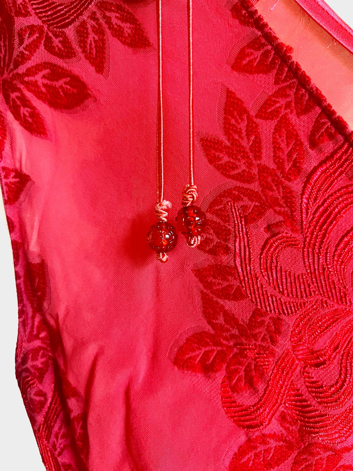 Vivienne Tam 1990s Red Floral Print Asymmetrical Ruffled Dress