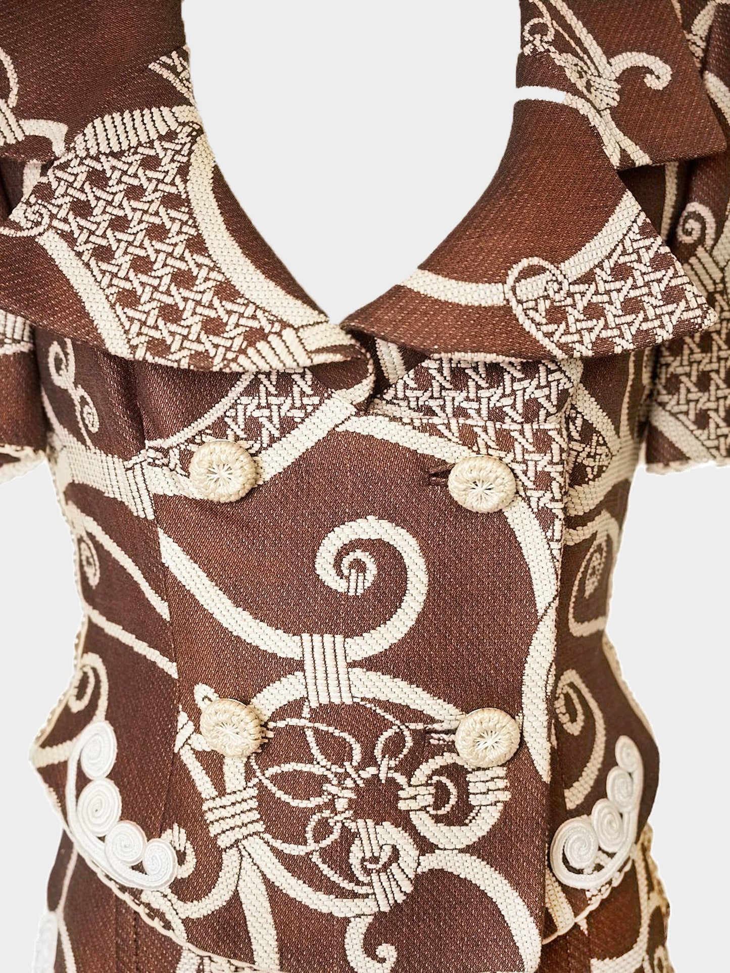 Christian Dior by John Galliano 1990s Brown and White Brocade Jacket and Skirt Set