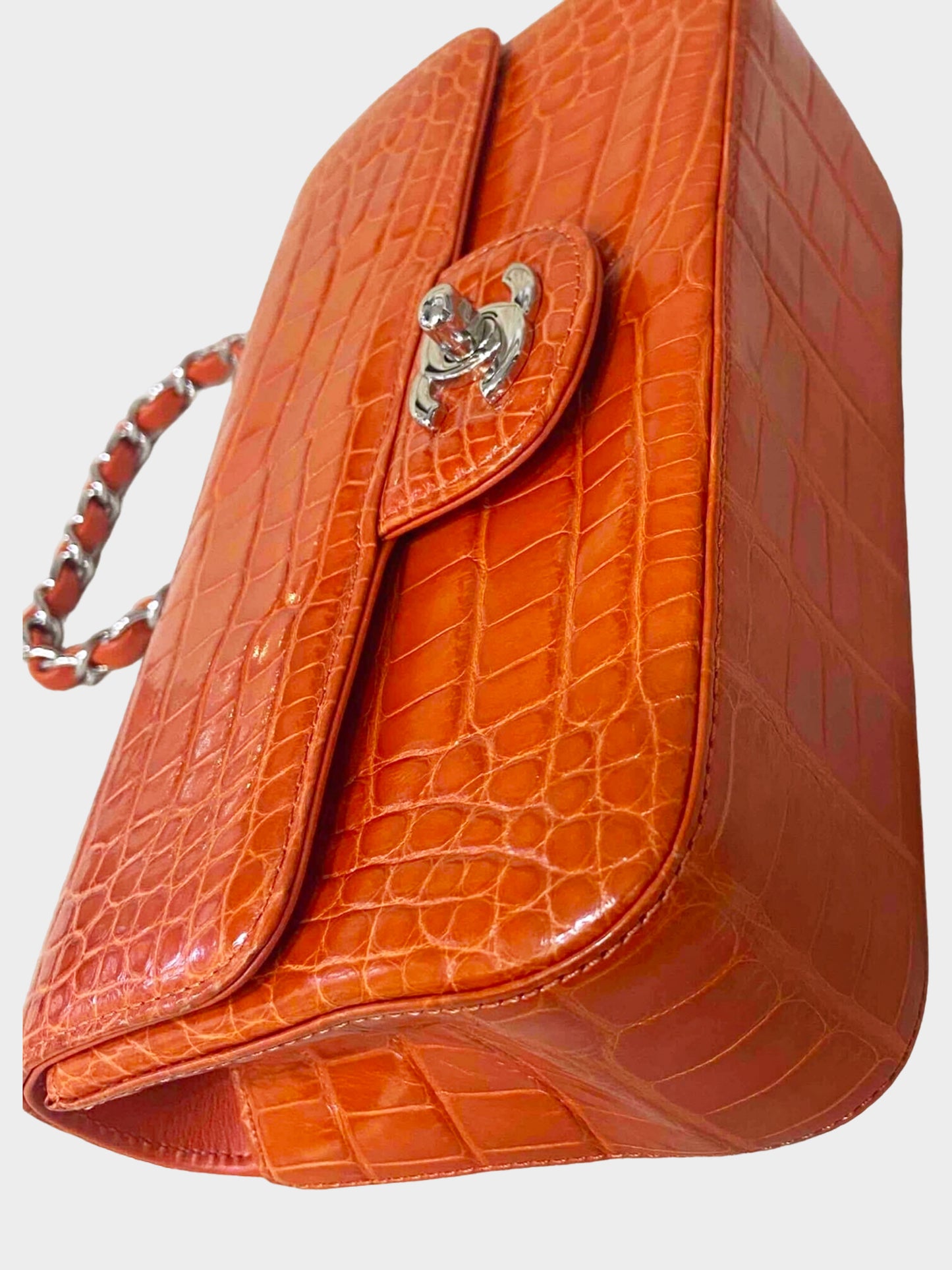 Chanel Early 2010s Orange Alligator Classic Double Flap Bag