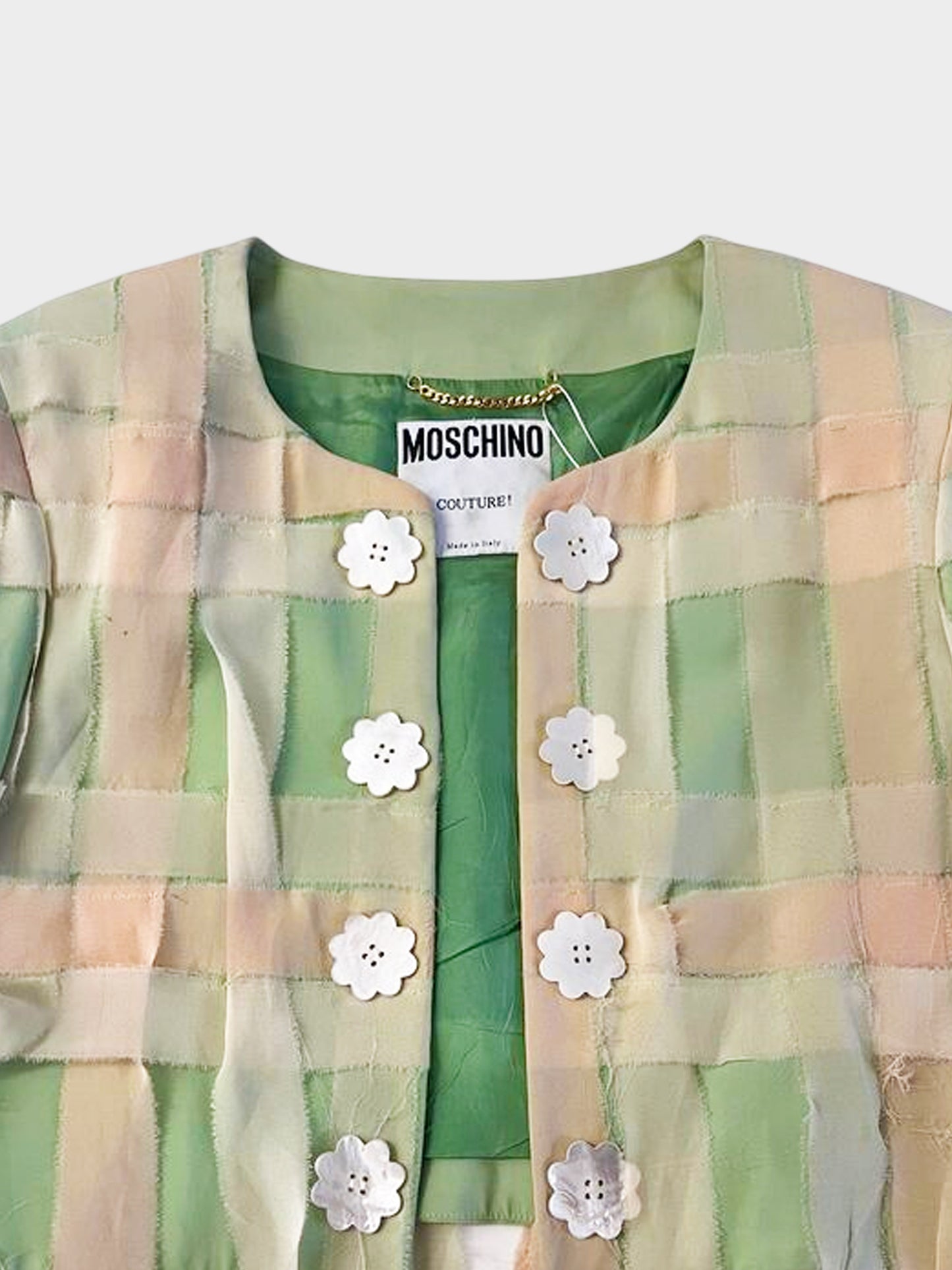 Moschino 1990s Couture Green and Peach Chiffon Woven Raw-edge Cropped Jacket