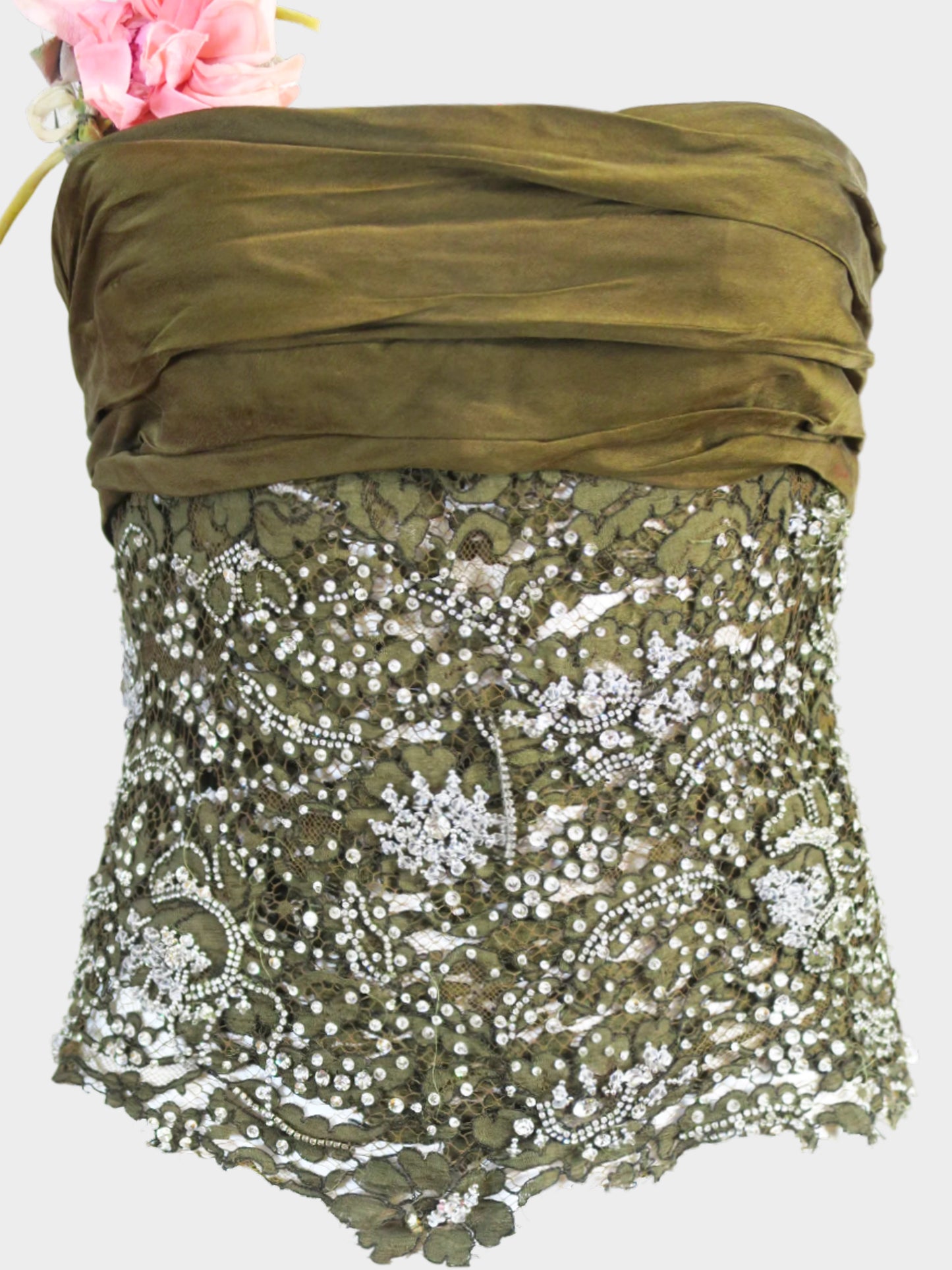 Dolce and Gabbana SS 2000 Army Green Lace and Rhinestones Bustier Top