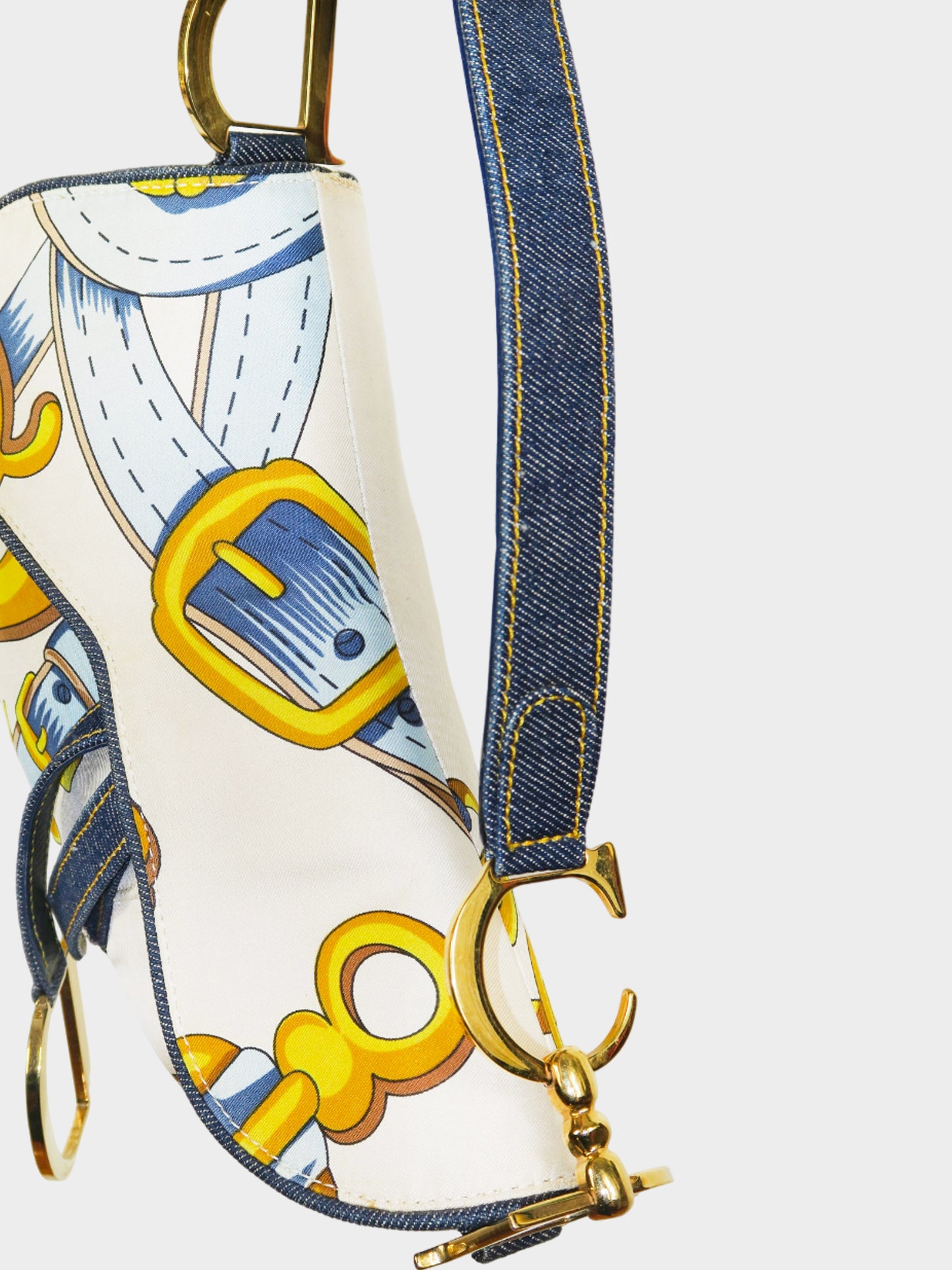 Christian Dior by John Galliano SS 2000 Blue Chain Print Silk and Denim Saddle Bag