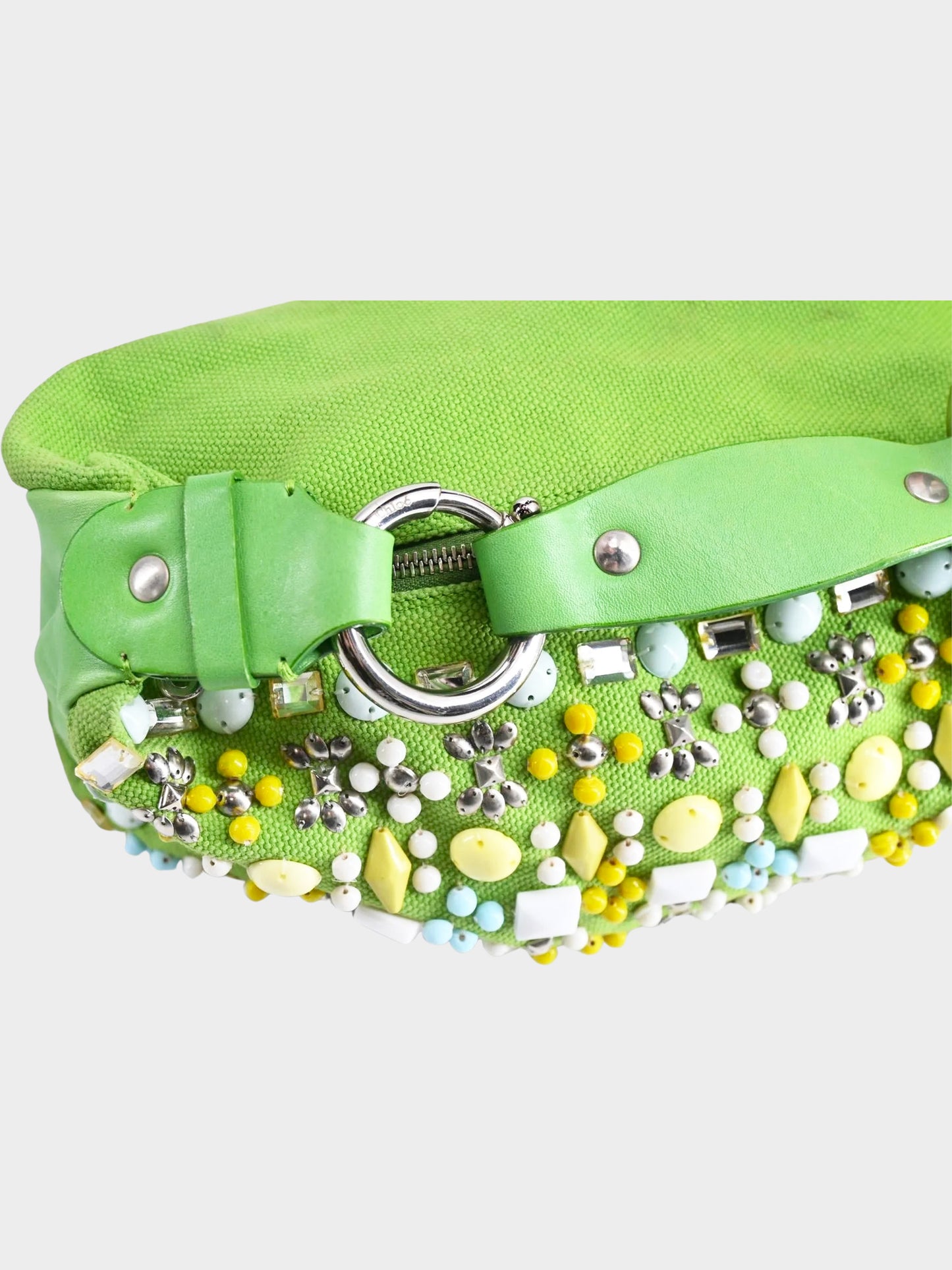 Chloe 2004 Green Canvas and Leather Beaded Hobo Bag