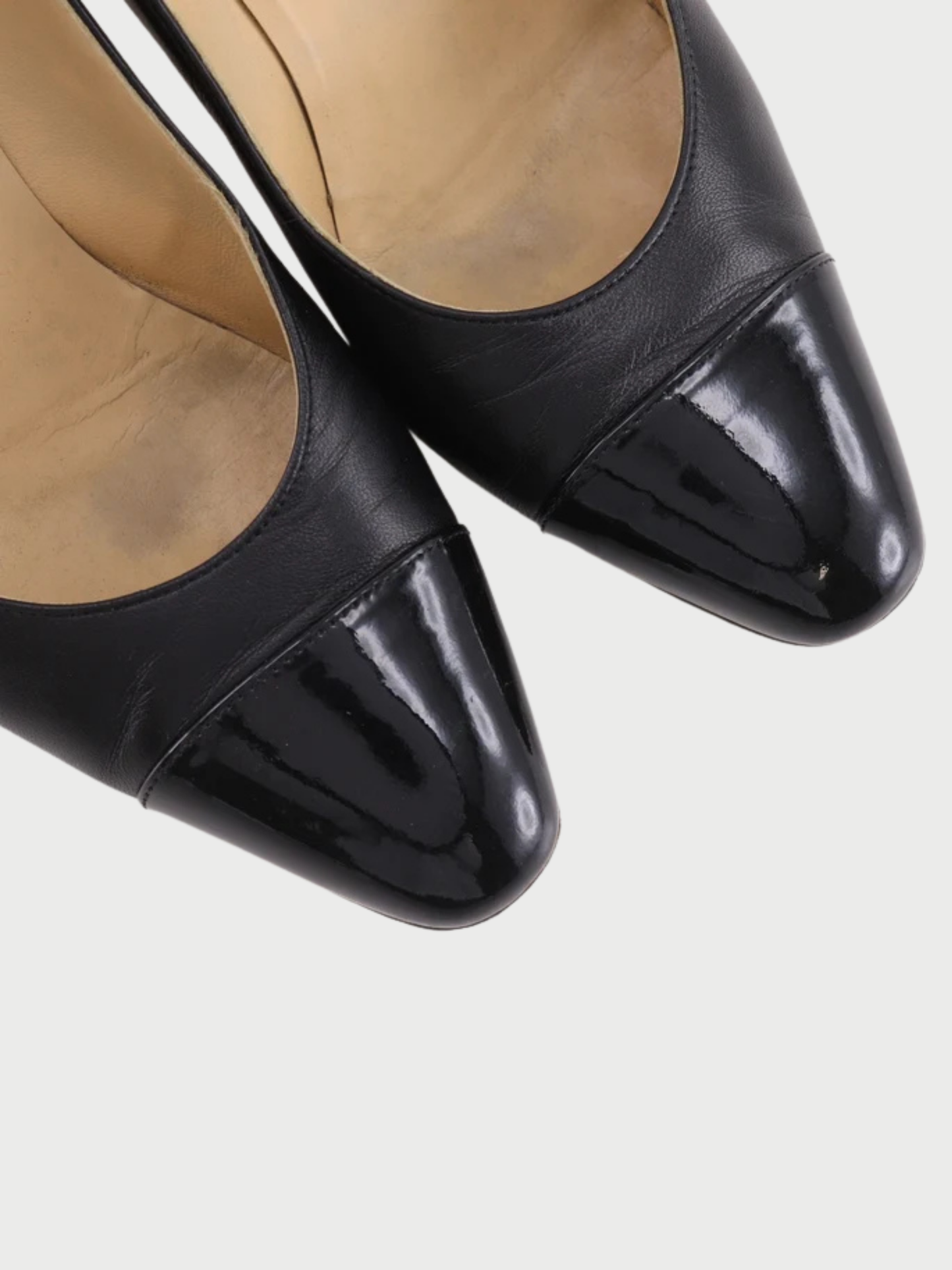 Chanel 2000s Black Leather Patent COCO Mark Cap Toe Pumps