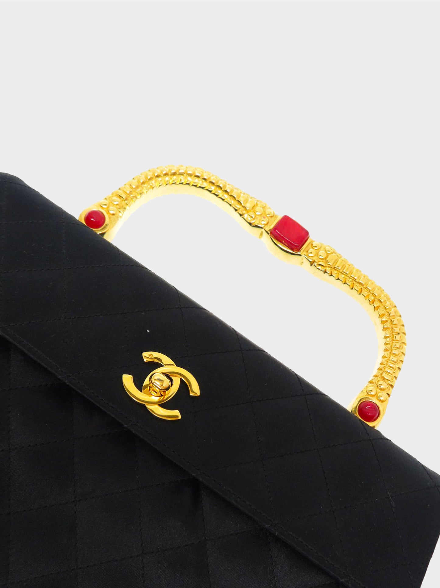 Chanel 2000s Rare Black Satin Gold Handle Turn Lock Bag