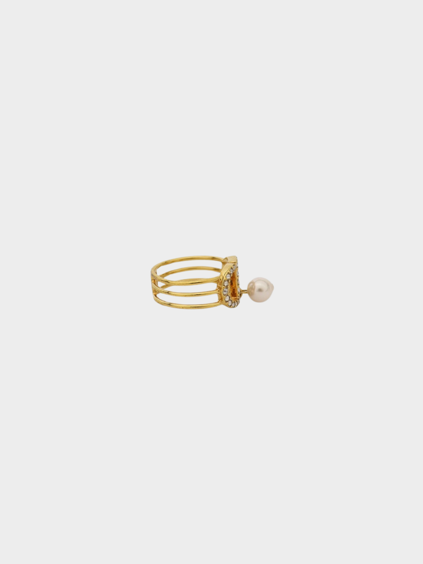 Christian Dior 2020s Gold Rhinestone Pearl CD Ring