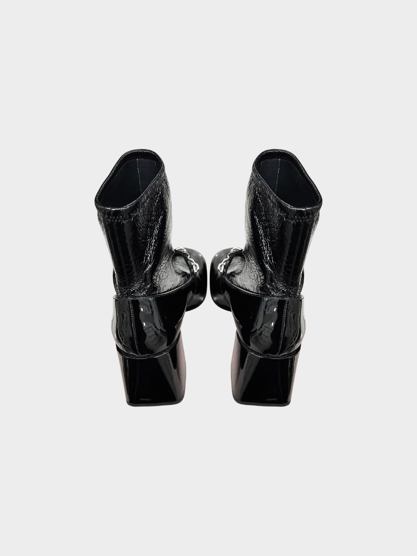 Miu Miu 2020s Black Patent Leather Chain-Link and Faux Pearl Accent Ankle Boots