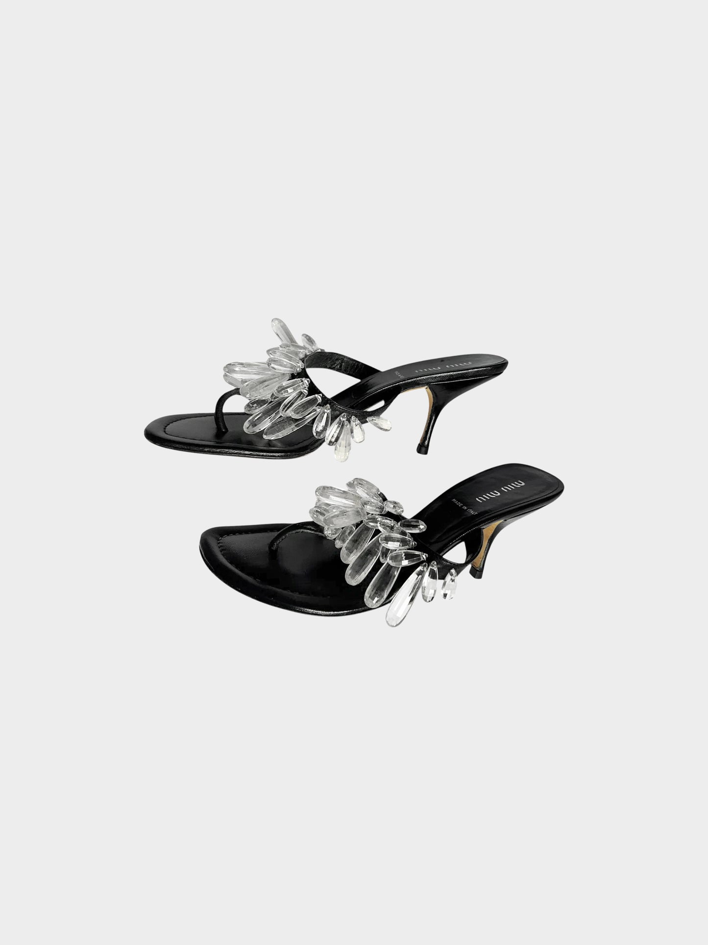 Miu Miu 2000s Black Leather Crystal Drop Heeled Mules