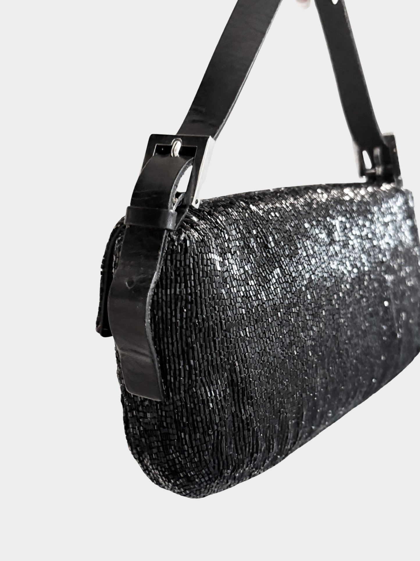 Fendi 20000s Black Beaded Embroidered Baguette