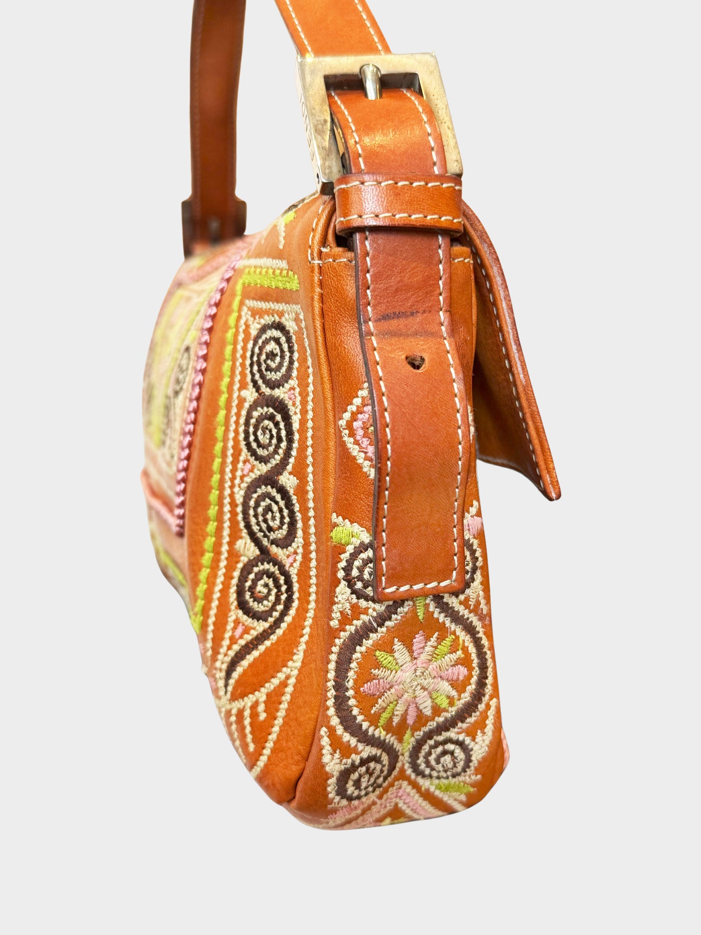 Fendi 1990s Brown Leather Floral and Geometric Embroidered Baguette