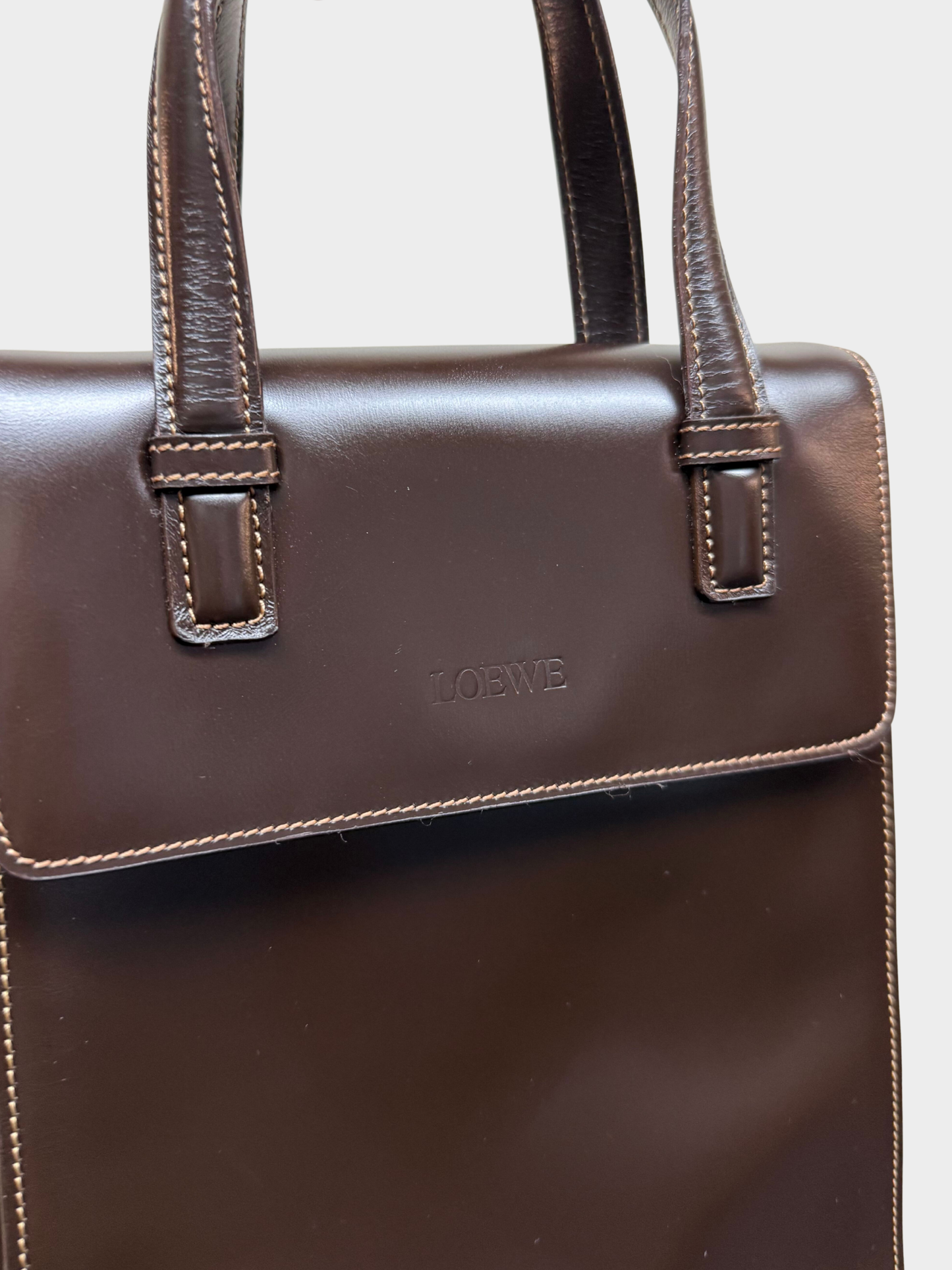 Loewe 1990s Dark Brown Box Calfskin Postal Tote Bag