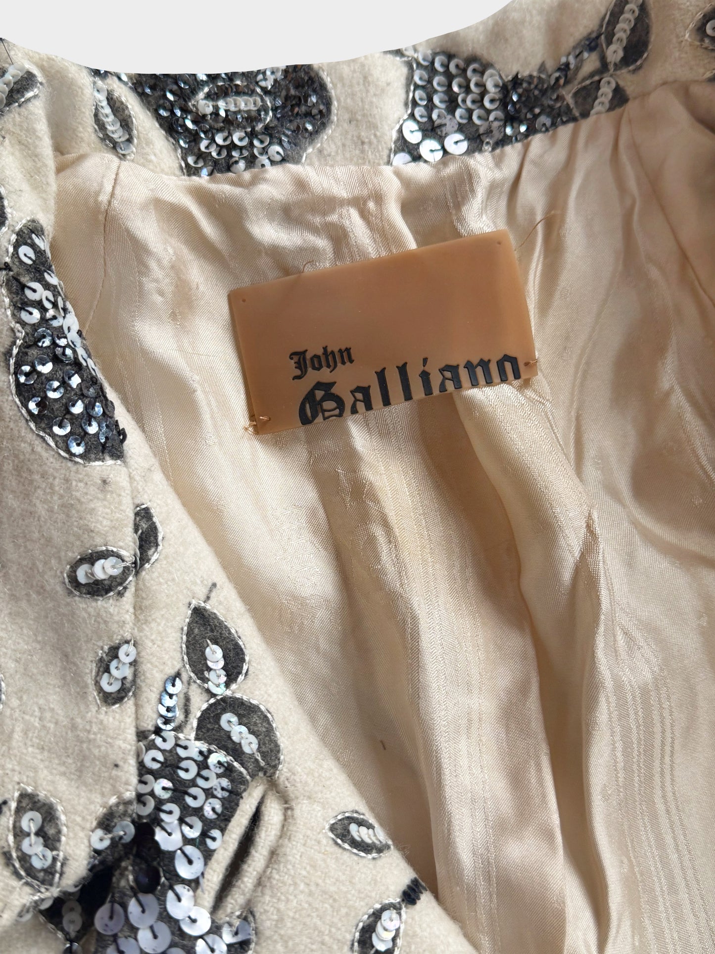 John Galliano 2000s Beige Wool Coat with Floral Patches and Sequins