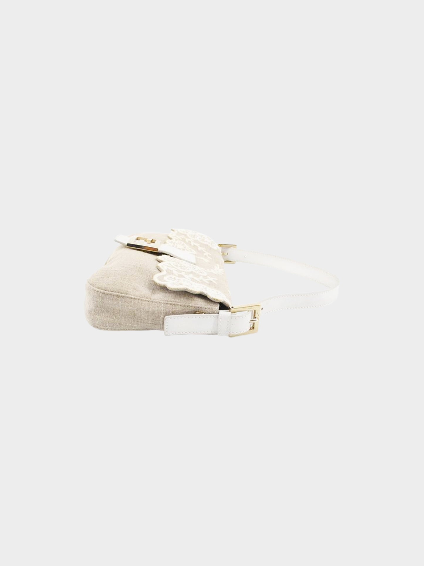 Fendi 2000s Beige and White Floral Embroidered Linen Baguette