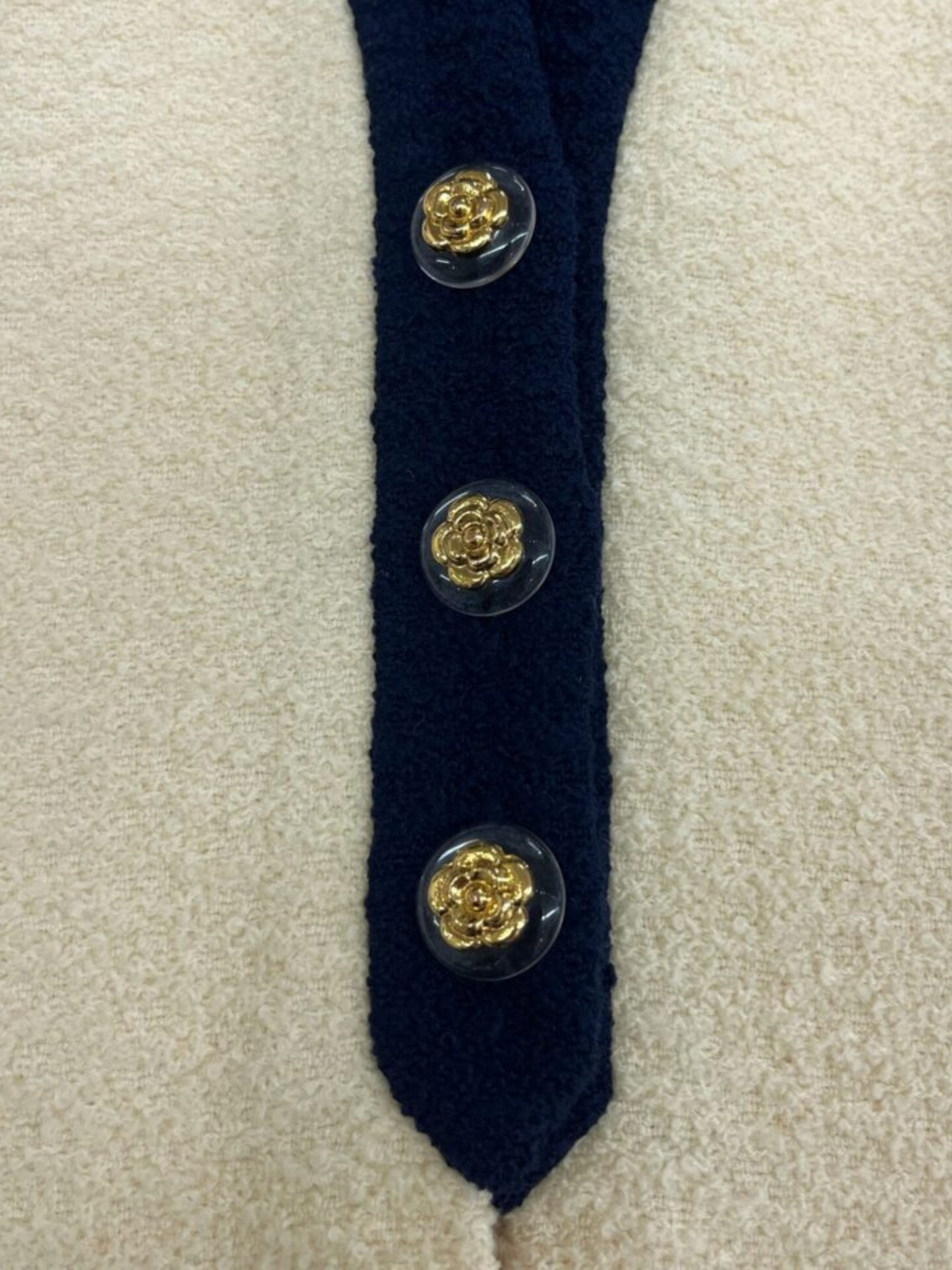 Chanel SS 1992 Ivory Navy Tweed Camellia Button Blazer