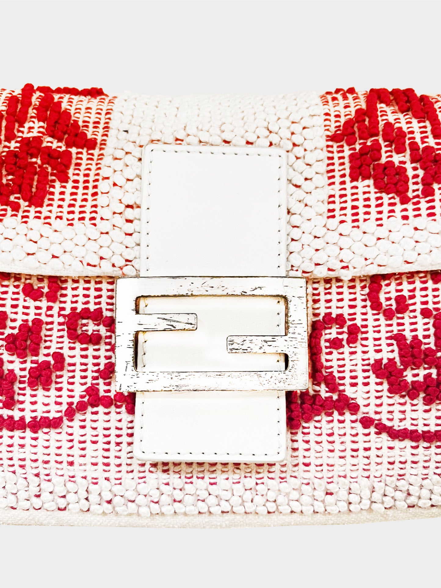 Fendi 2000s Rare White and Red Embroidered Baguette