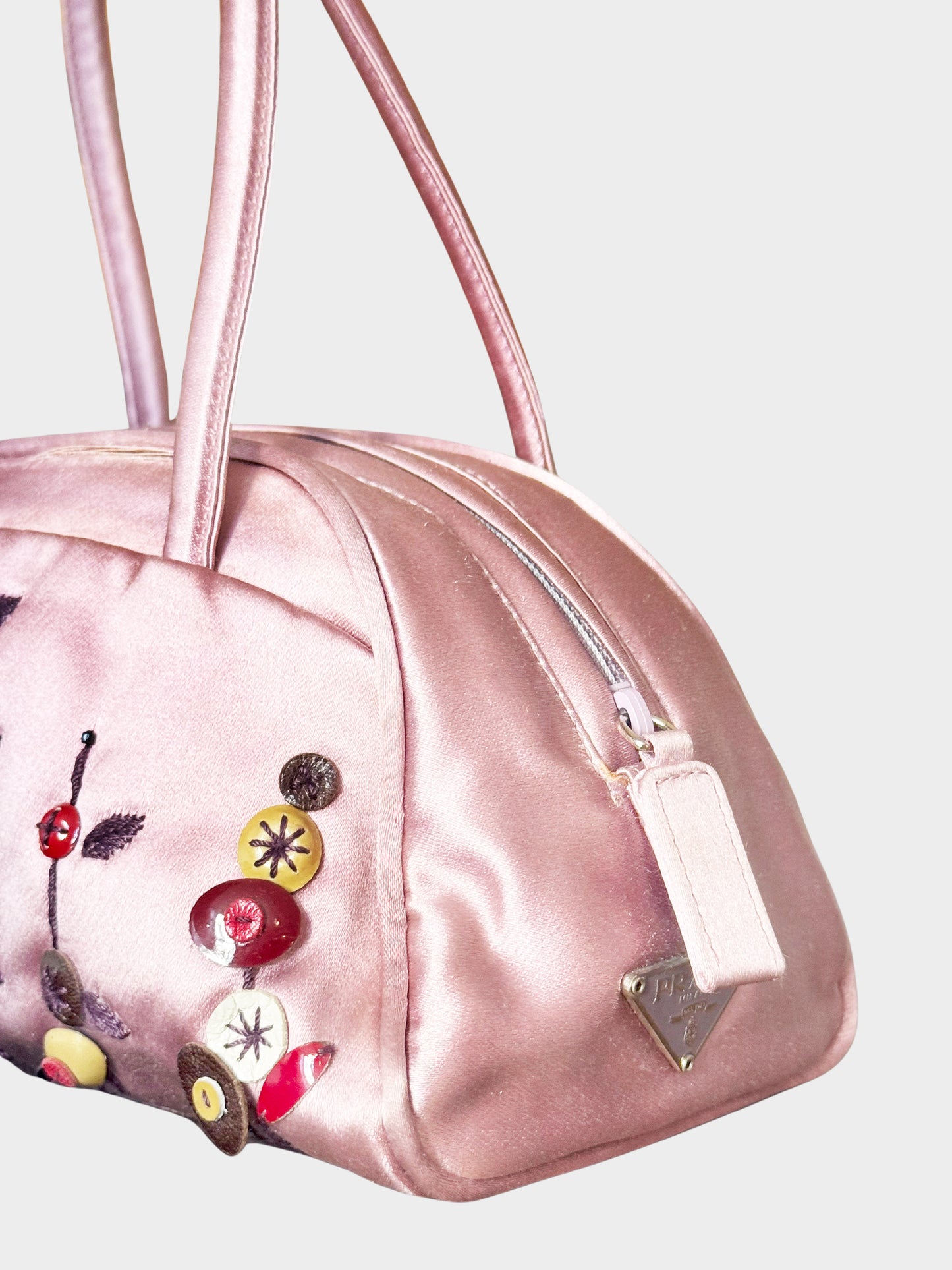 Prada 2000s Lilac Satin Embroidered Mini Bowler Bag