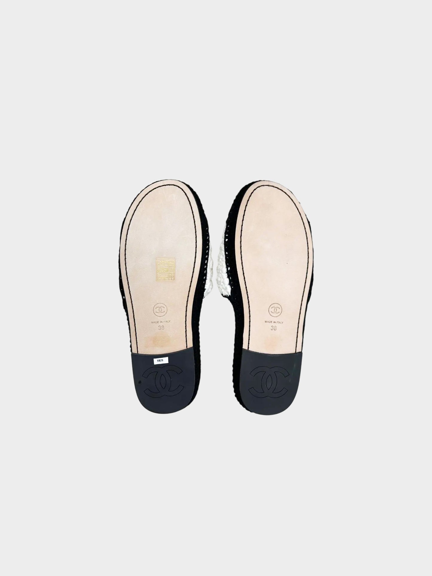 Chanel 2023 Ivory and Black Crochet Camellia Sandals