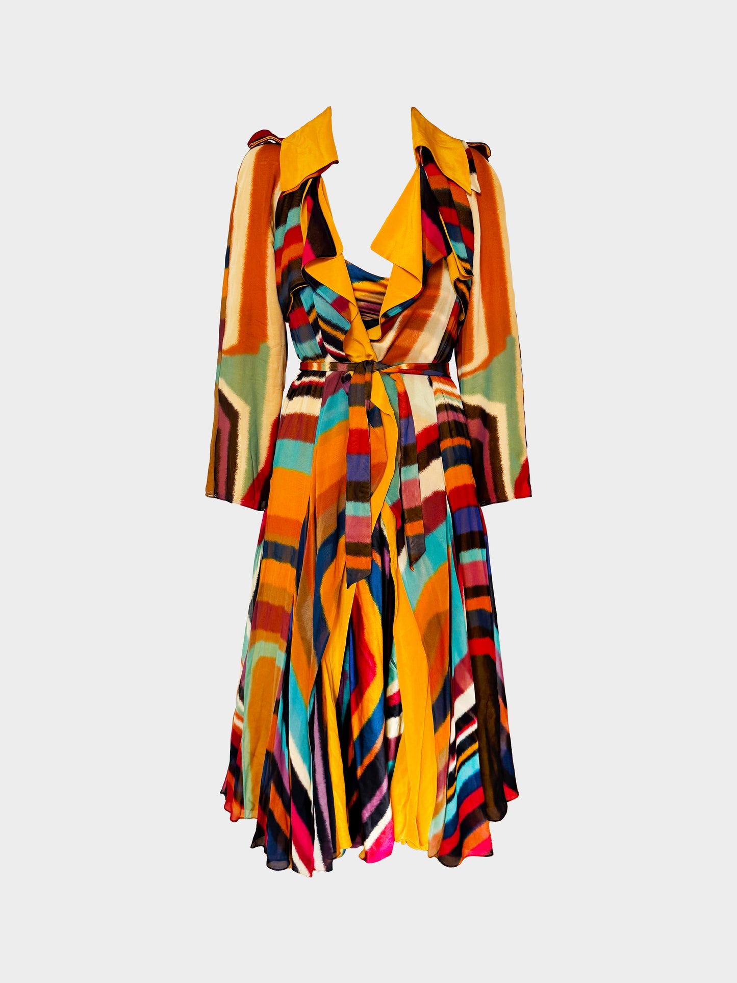Roberto Cavalli Resort 2020 Multicolor Striped Long Dress and Trench Coat Set