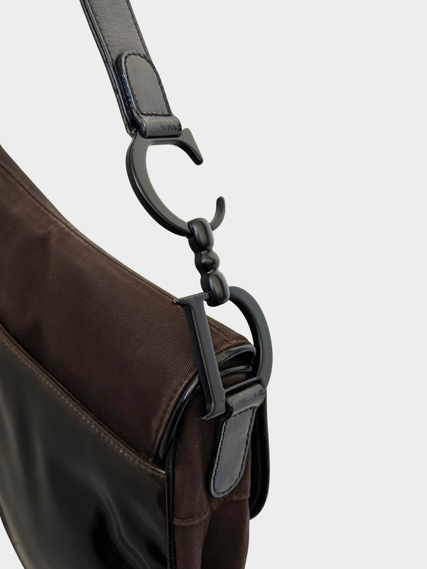 Christian Dior 2000 Dark Brown Canvas and Black Patent Leather Saddle Bag