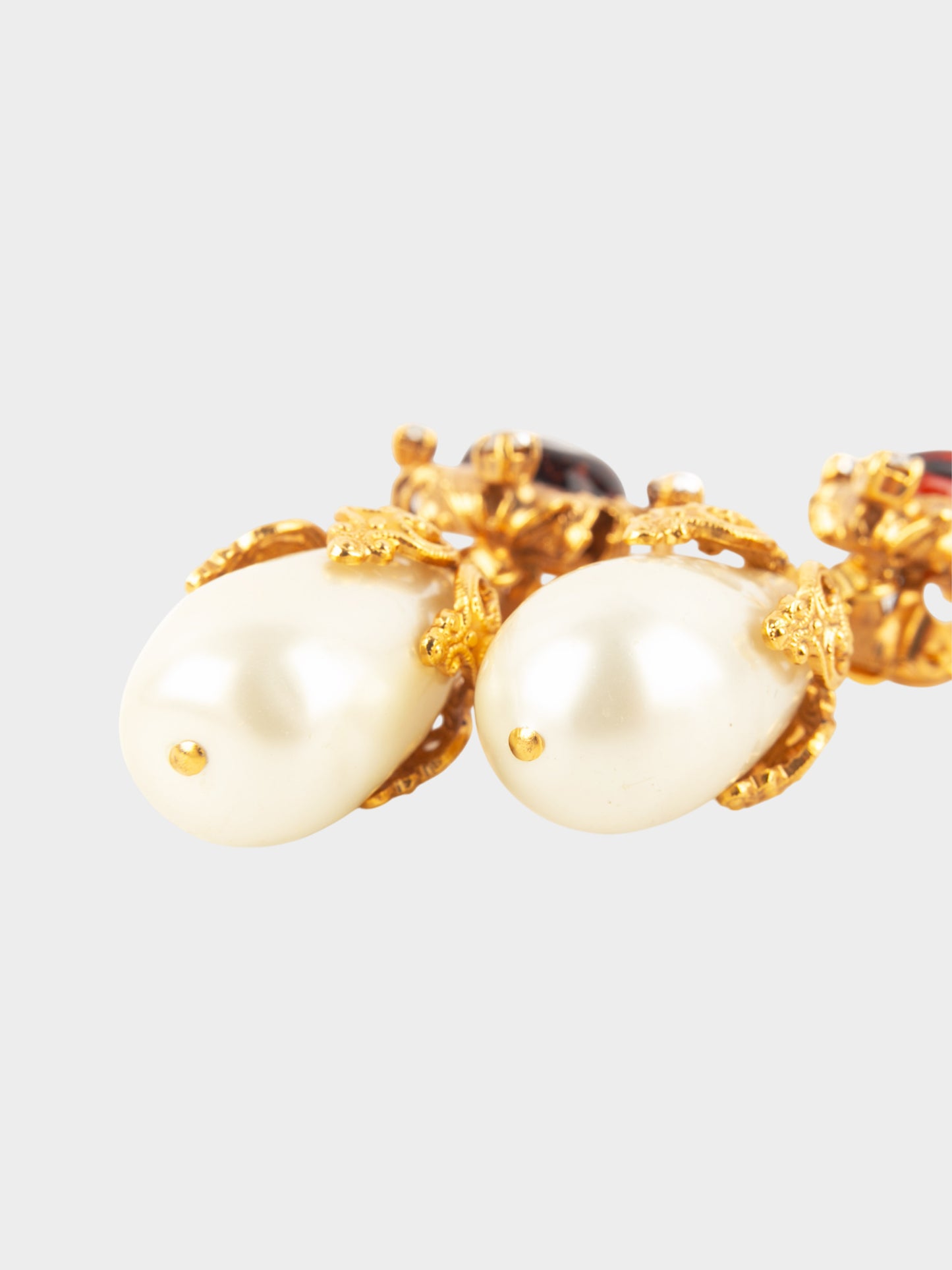 Chanel FW 1994 Gold Metal and Pearl Drop Earrings with Gripoix Glass