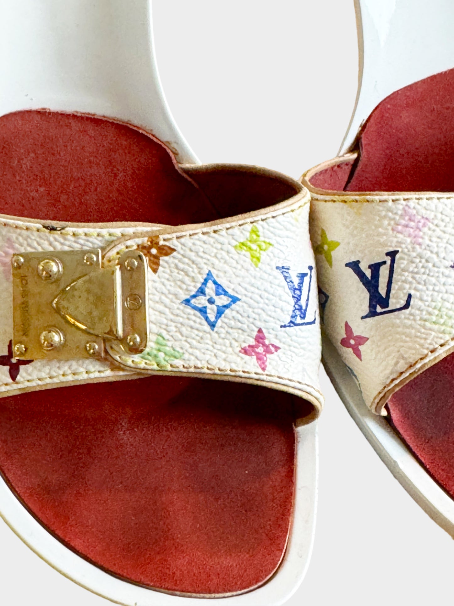 Louis Vuitton 2000s White Multicolor Monogram Leather Heels with Gold Buckle