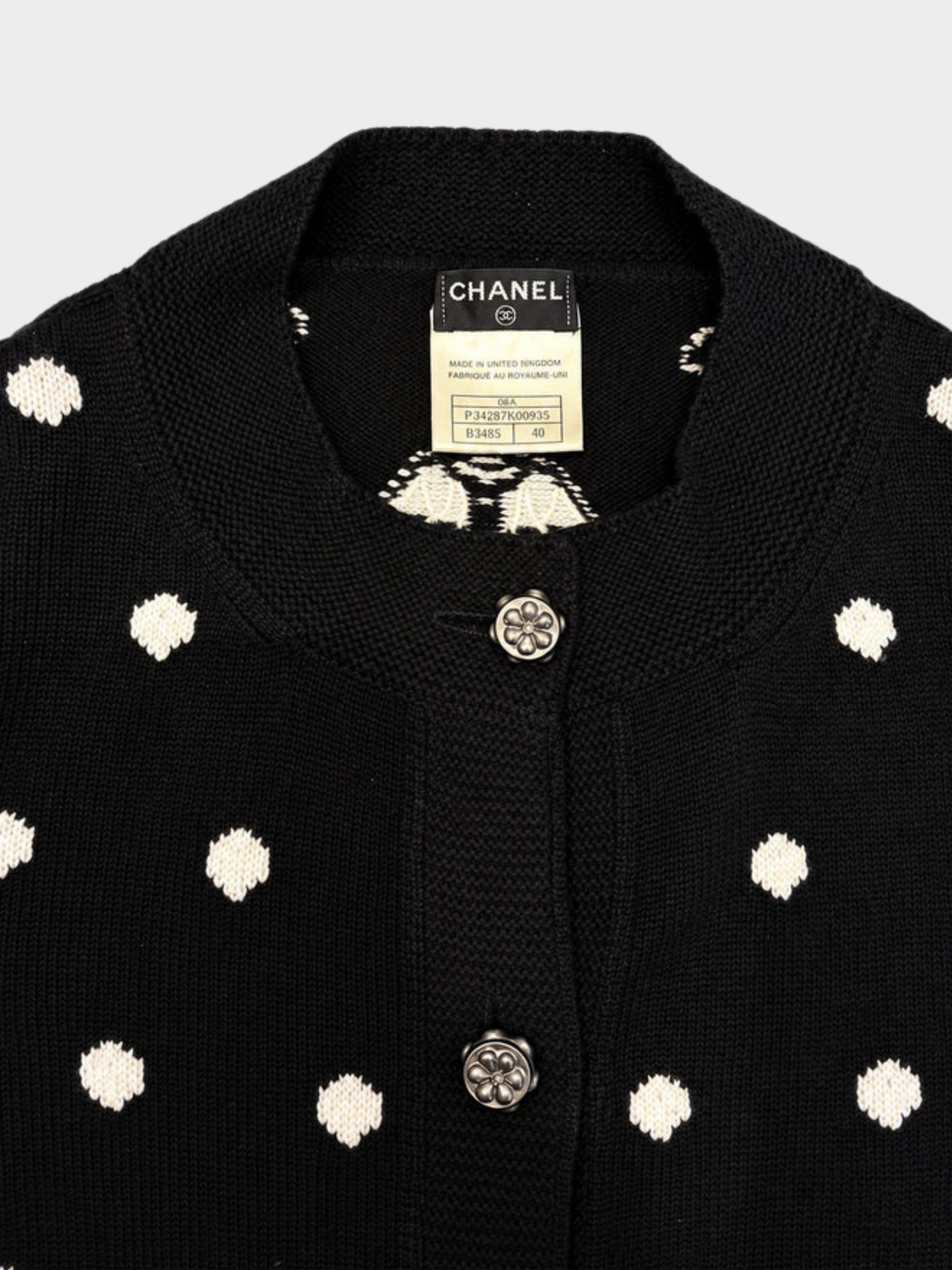 Chanel 2000s Black White Cashmere Polka-Dot Cardigan