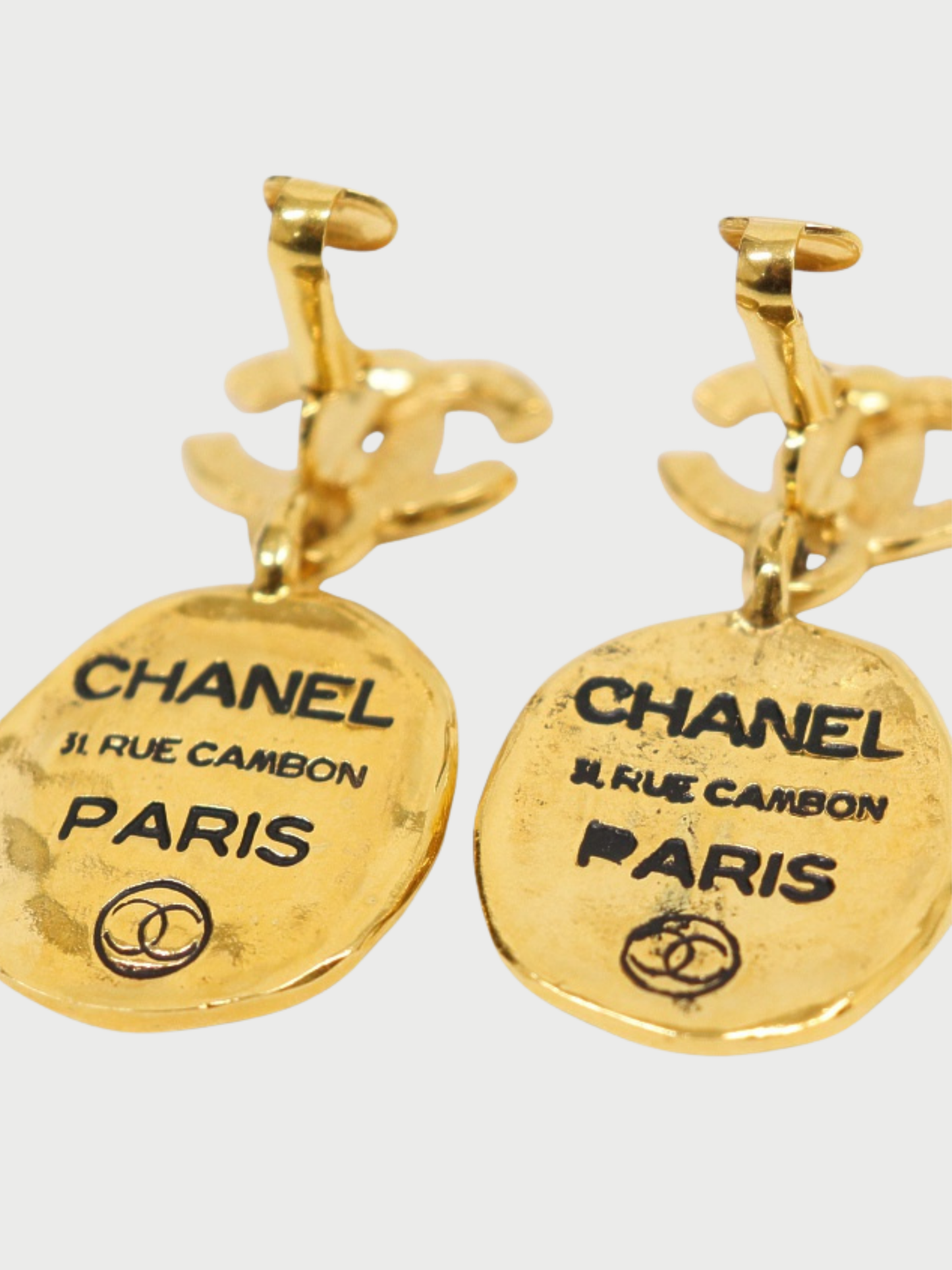 Chanel 1980s Gold Plated Metal COCO Plate Earrings